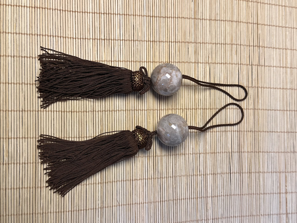 Vintage Japanese Fuchin Pair, Natural Stone Scroll Weights, Agate Style Sphere, Silk Tassel Cord