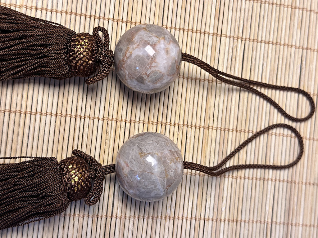 Vintage Japanese Fuchin Pair, Natural Stone Scroll Weights, Agate Style Sphere, Silk Tassel Cord
