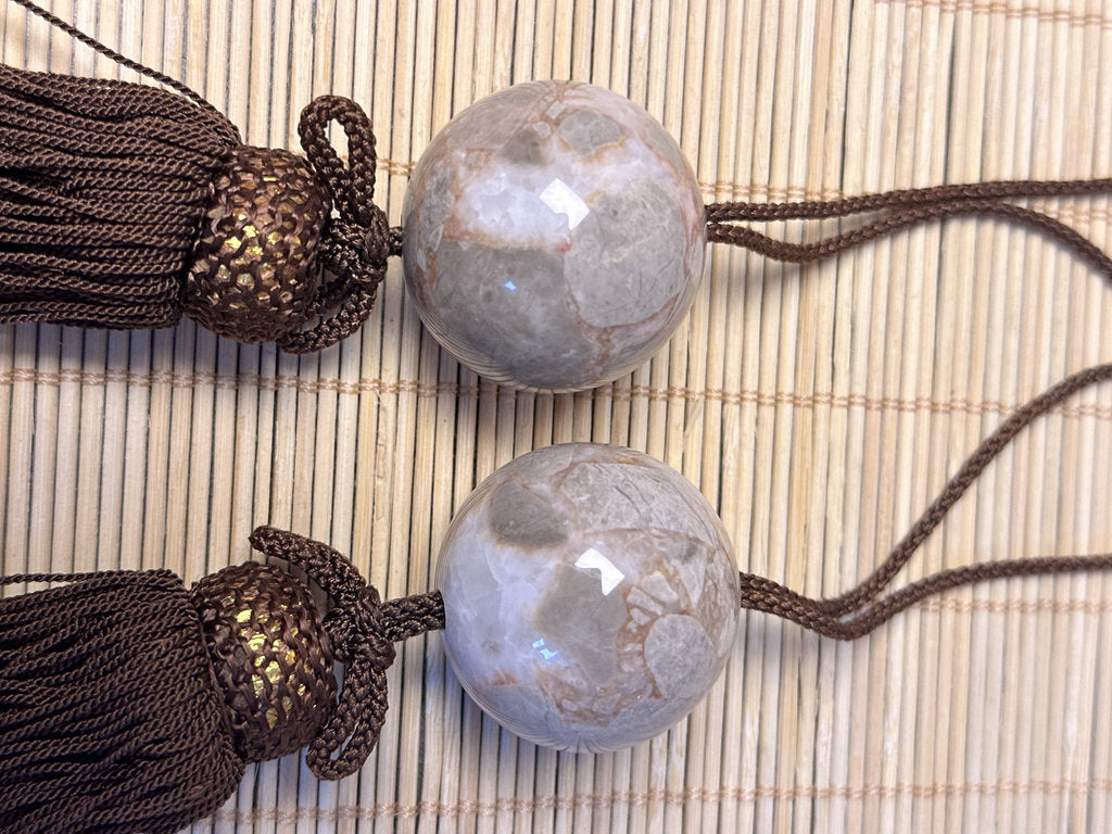 Vintage Japanese Fuchin Pair, Natural Stone Scroll Weights, Agate Style Sphere, Silk Tassel Cord