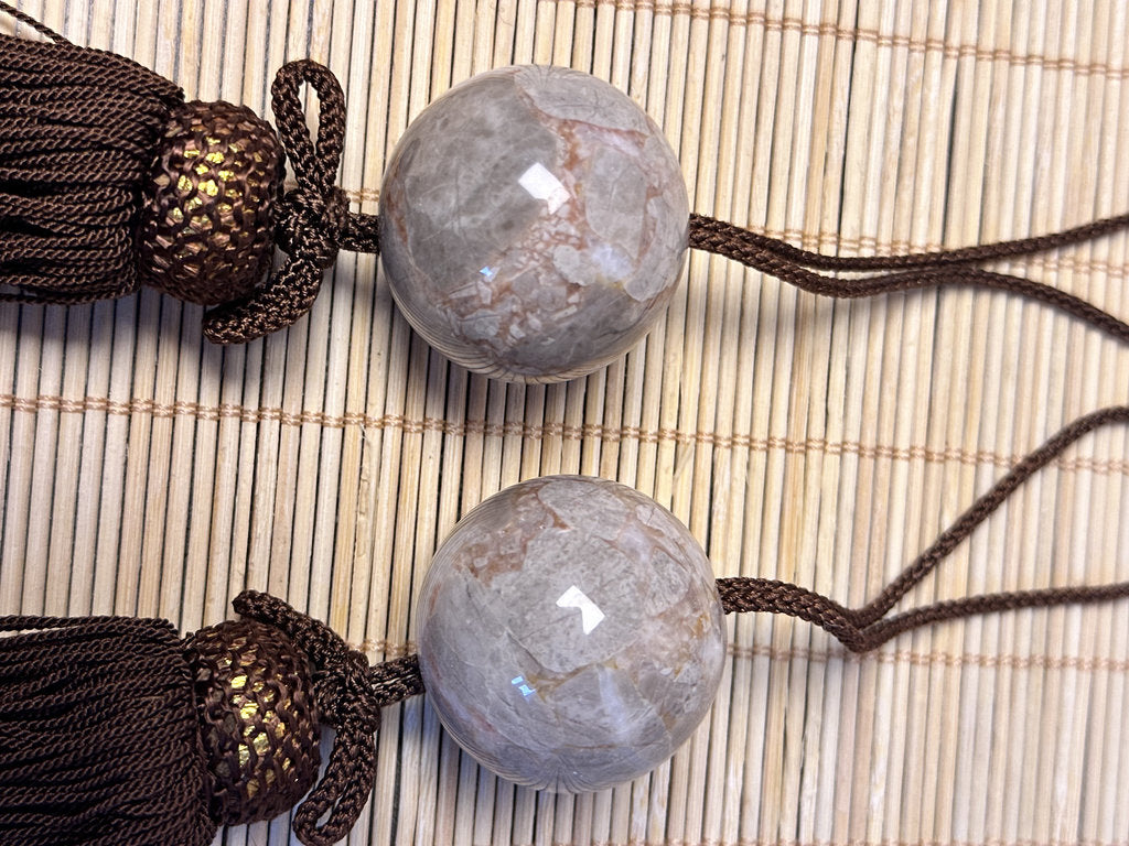 Vintage Japanese Fuchin Pair, Natural Stone Scroll Weights, Agate Style Sphere, Silk Tassel Cord
