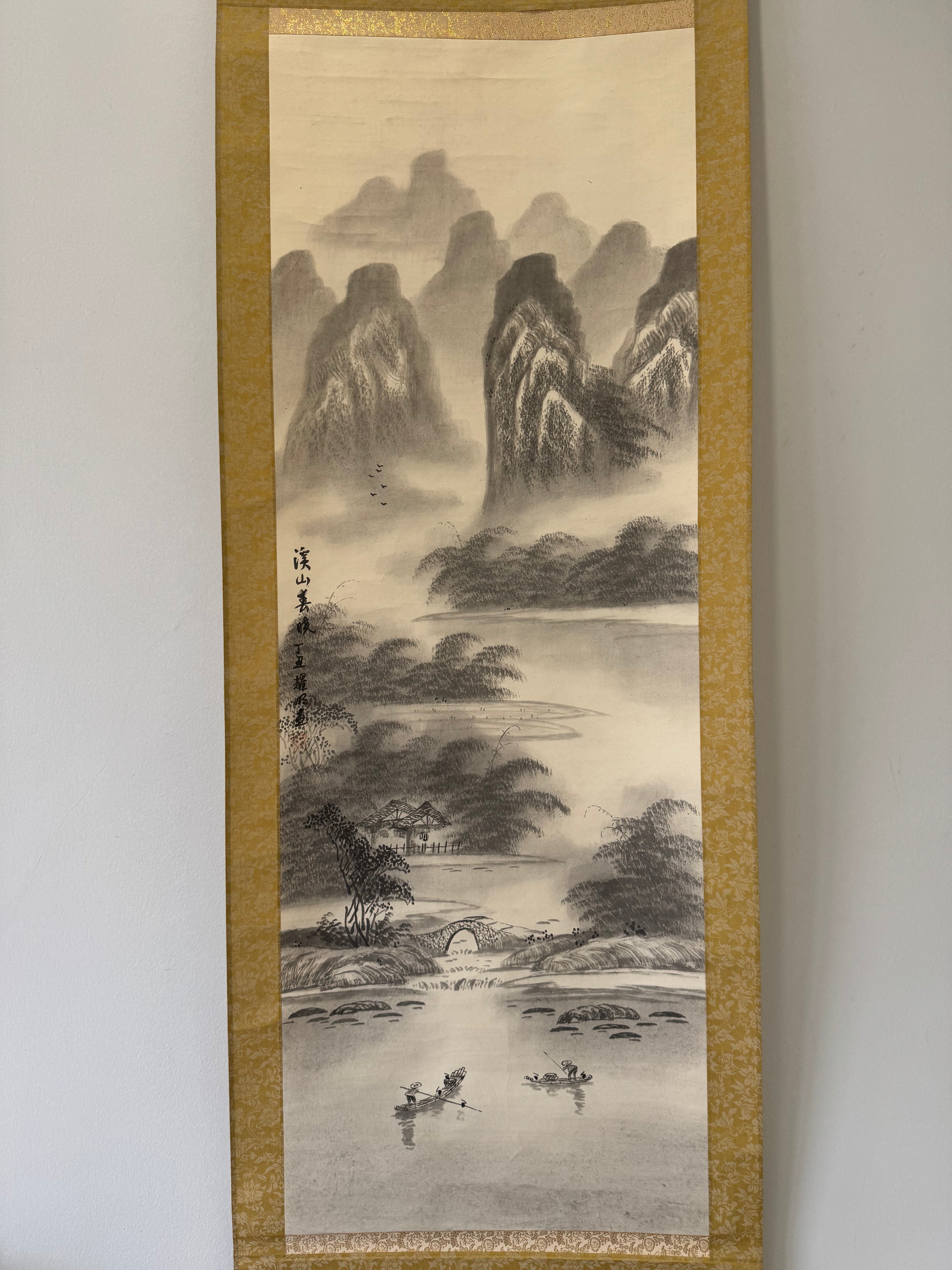 Vintage Japanese Ink Landscape Hanging Scroll – Mountain and River Scene with Calligraphy