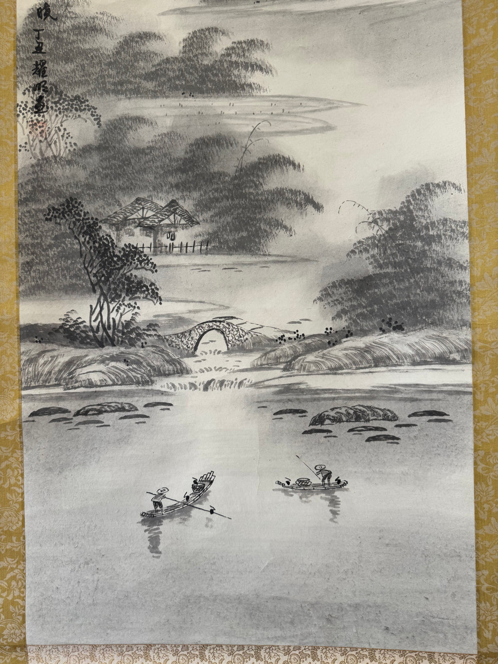 Vintage Japanese Ink Landscape Hanging Scroll – Mountain and River Scene with Calligraphy