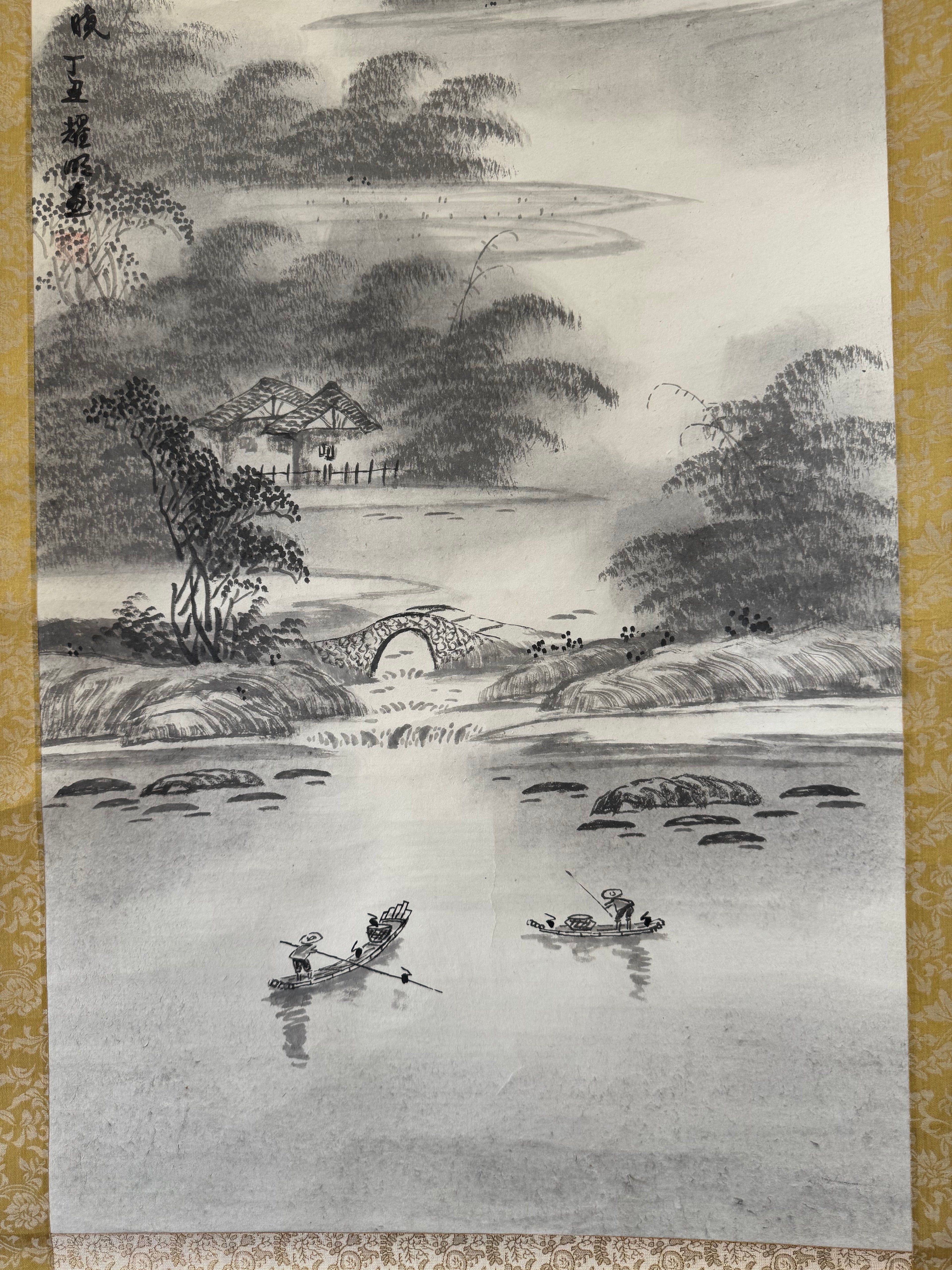 Vintage Japanese Ink Landscape Hanging Scroll – Mountain and River Scene with Calligraphy