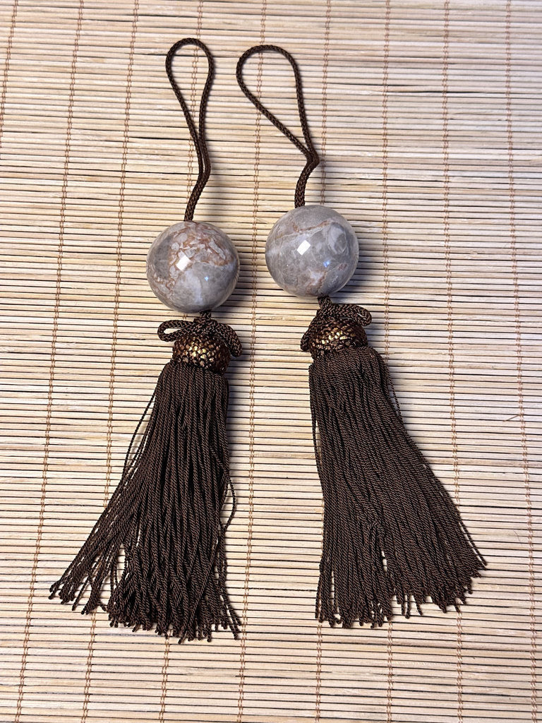 Vintage Japanese Fuchin Pair, Natural Stone Scroll Weights, Agate Style Sphere, Silk Tassel Cord