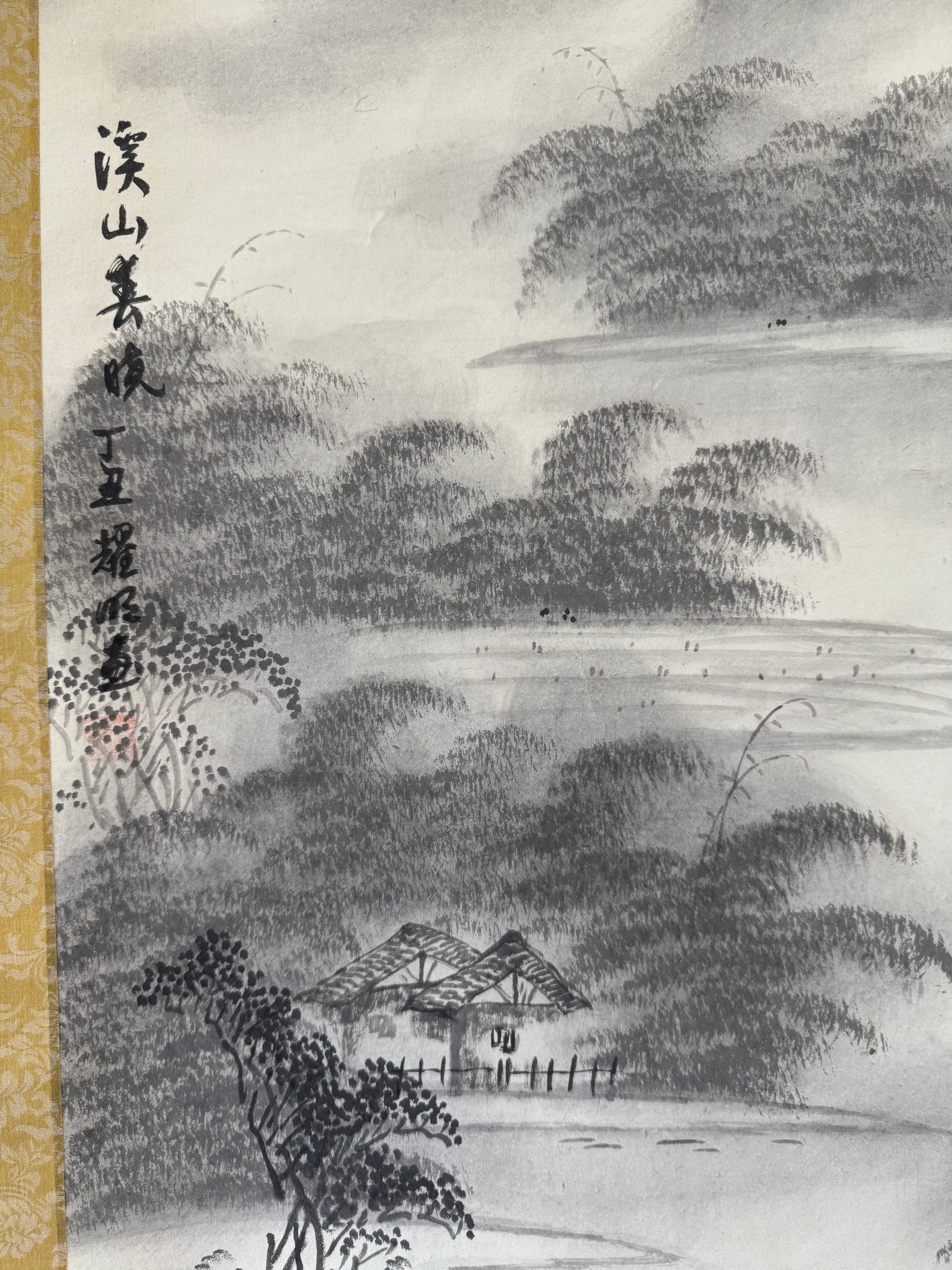 Vintage Japanese Ink Landscape Hanging Scroll – Mountain and River Scene with Calligraphy