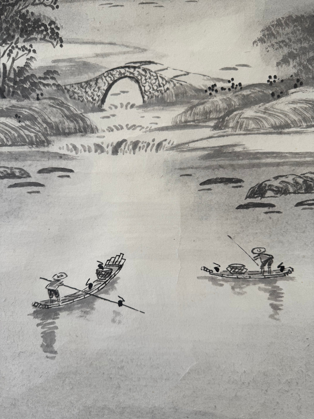 Vintage Japanese Ink Landscape Hanging Scroll – Mountain and River Scene with Calligraphy