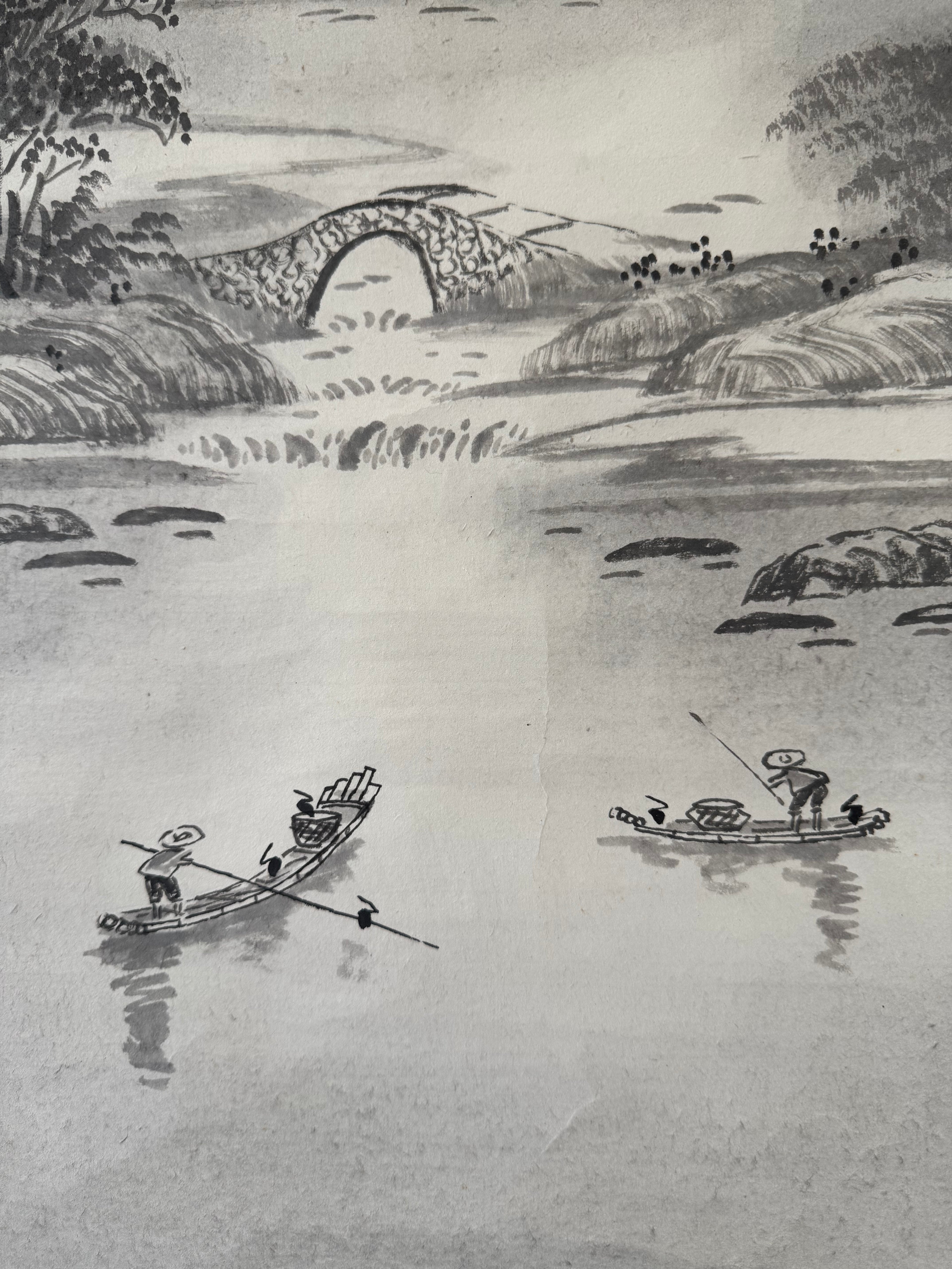 Vintage Japanese Ink Landscape Hanging Scroll – Mountain and River Scene with Calligraphy