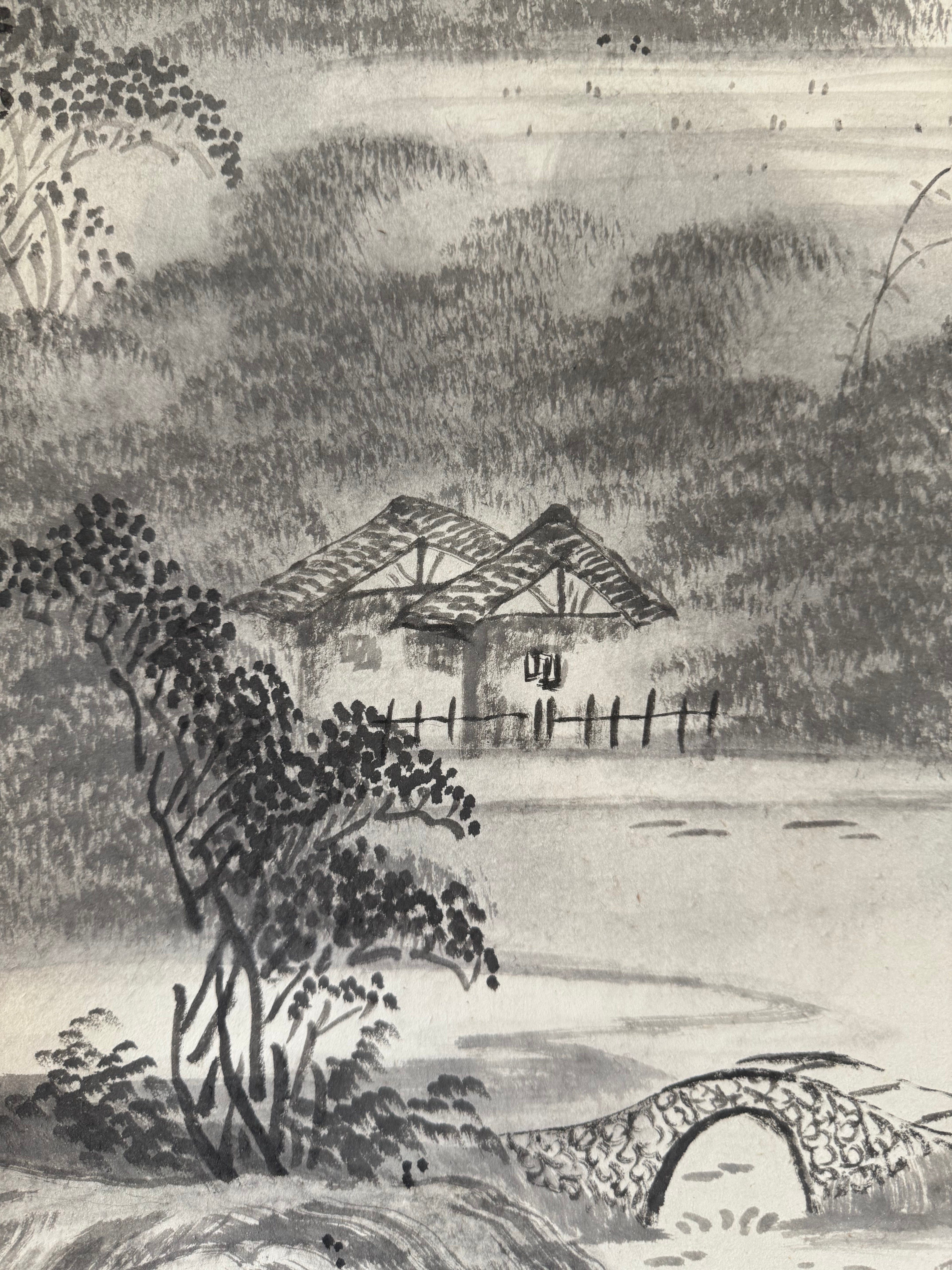 Vintage Japanese Ink Landscape Hanging Scroll – Mountain and River Scene with Calligraphy