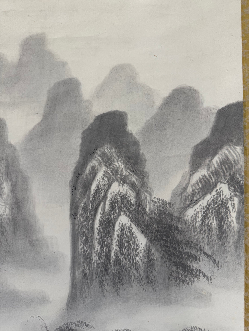 Vintage Japanese Ink Landscape Hanging Scroll – Mountain and River Scene with Calligraphy