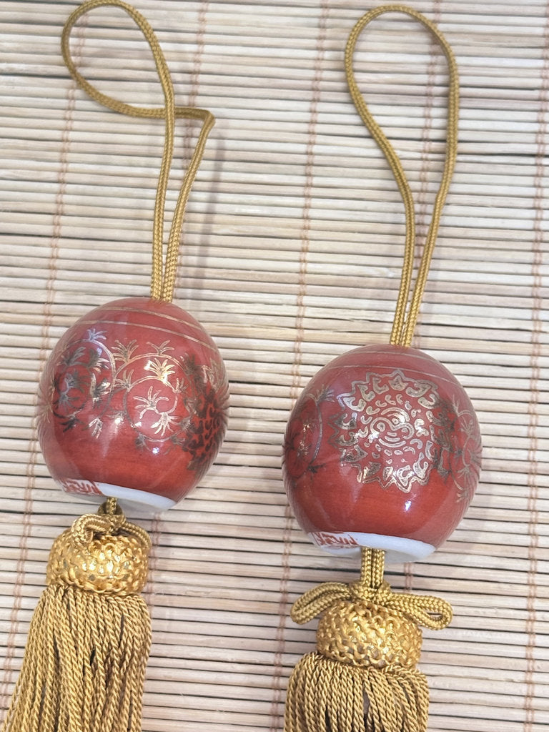 Vintage Japanese Kutani Fuchin, Pair of Scroll Weights, Red and Gold Hosoge, Eiraku Style, Silk Tassels