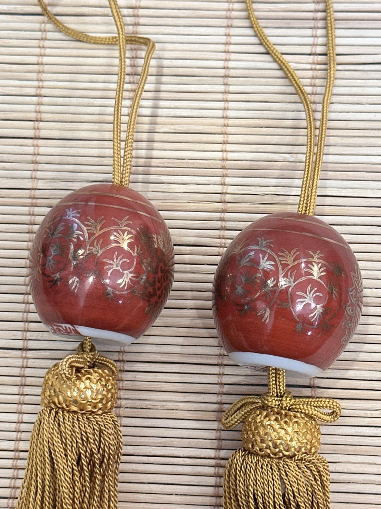 Vintage Japanese Kutani Fuchin, Pair of Scroll Weights, Red and Gold Hosoge, Eiraku Style, Silk Tassels