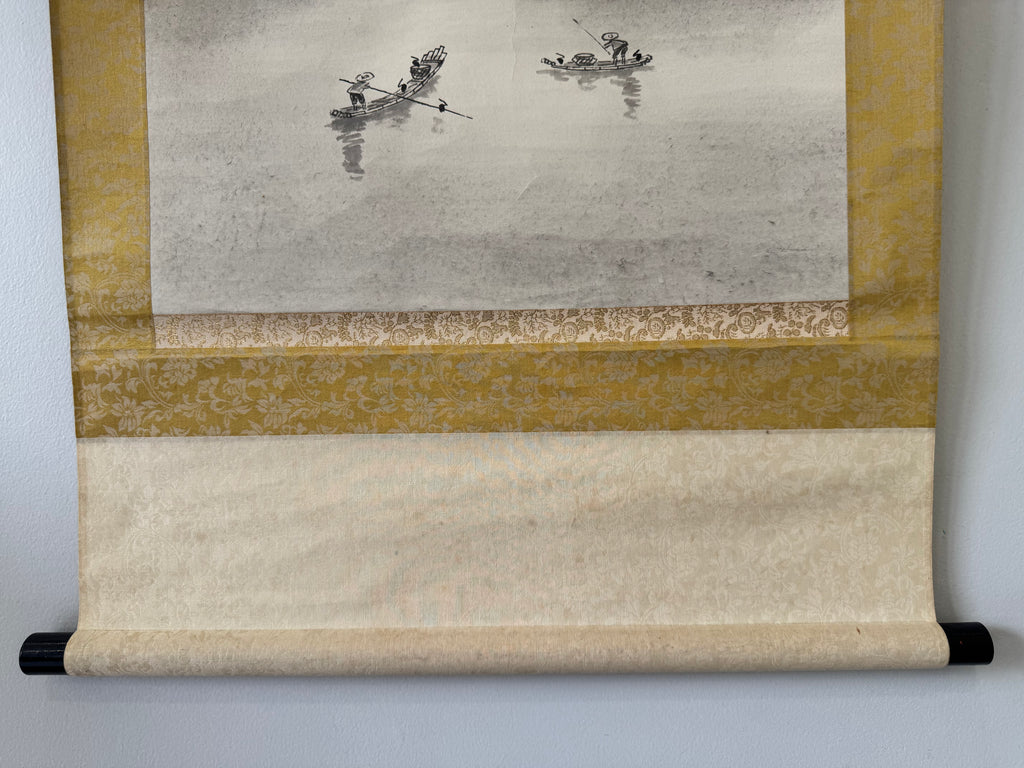 Vintage Japanese Ink Landscape Hanging Scroll – Mountain and River Scene with Calligraphy