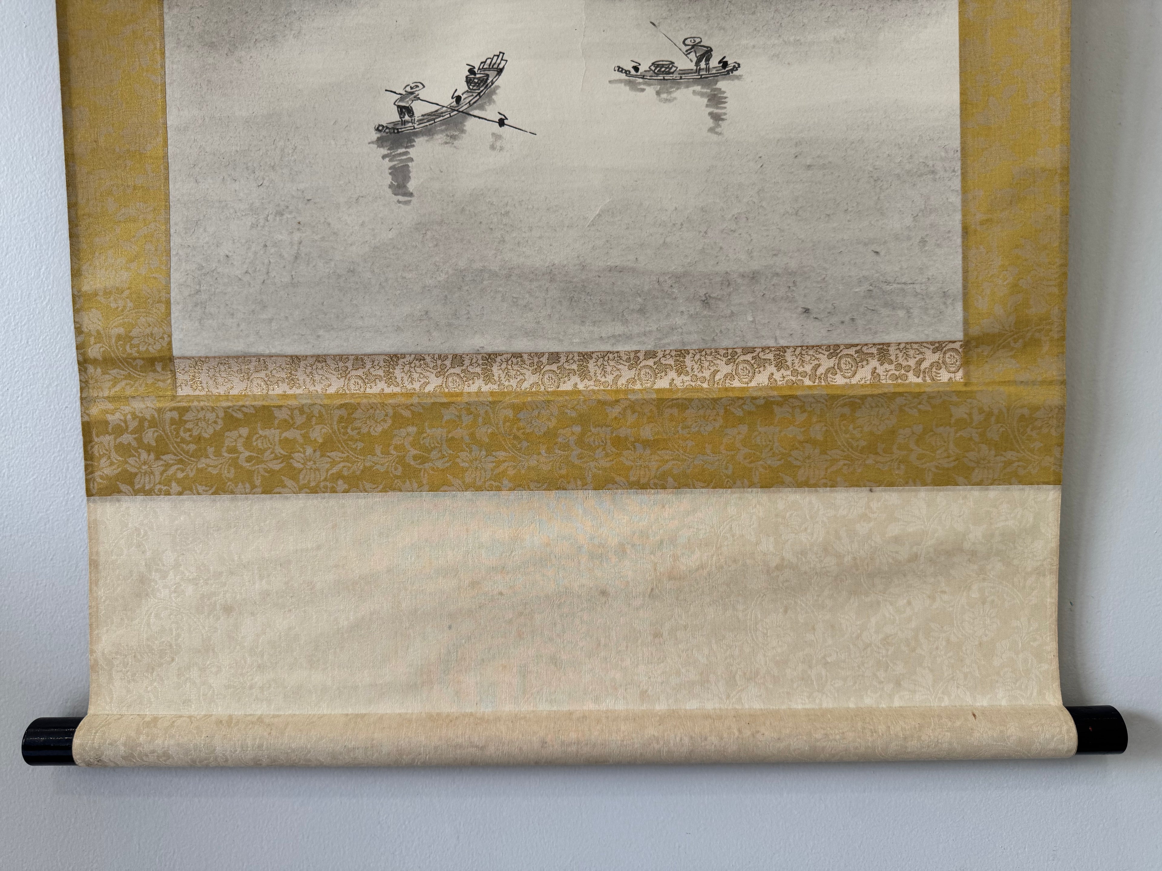 Vintage Japanese Ink Landscape Hanging Scroll – Mountain and River Scene with Calligraphy