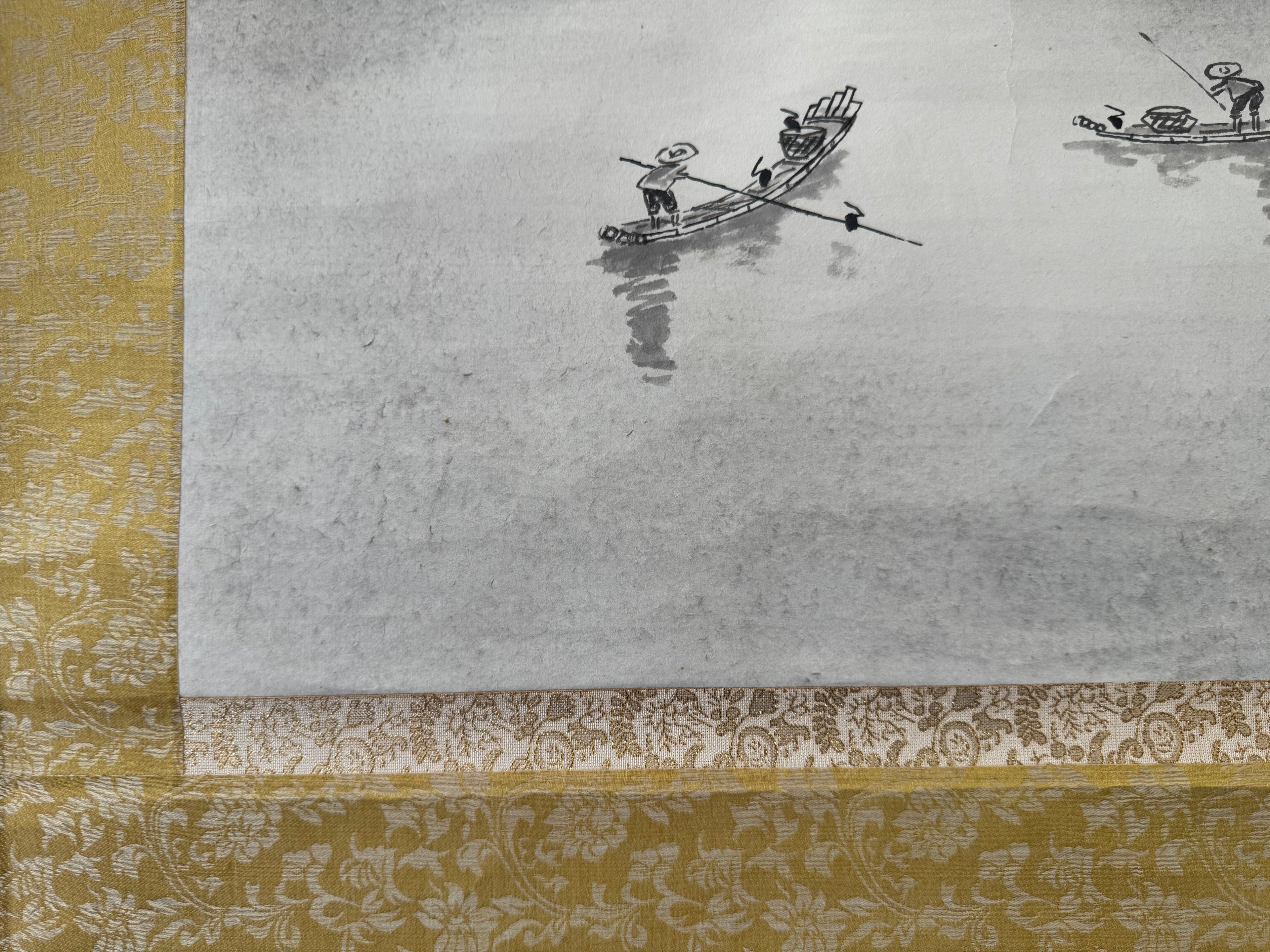 Vintage Japanese Ink Landscape Hanging Scroll – Mountain and River Scene with Calligraphy