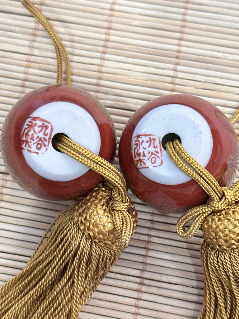 Vintage Japanese Kutani Fuchin, Pair of Scroll Weights, Red and Gold Hosoge, Eiraku Style, Silk Tassels