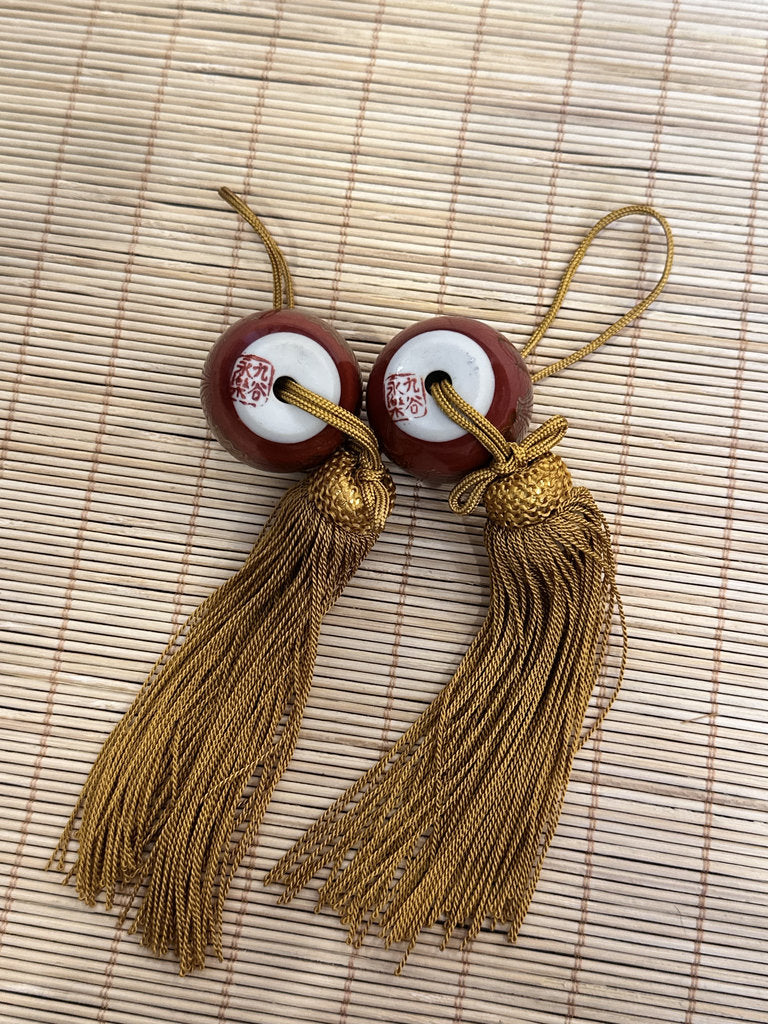 Vintage Japanese Kutani Fuchin, Pair of Scroll Weights, Red and Gold Hosoge, Eiraku Style, Silk Tassels