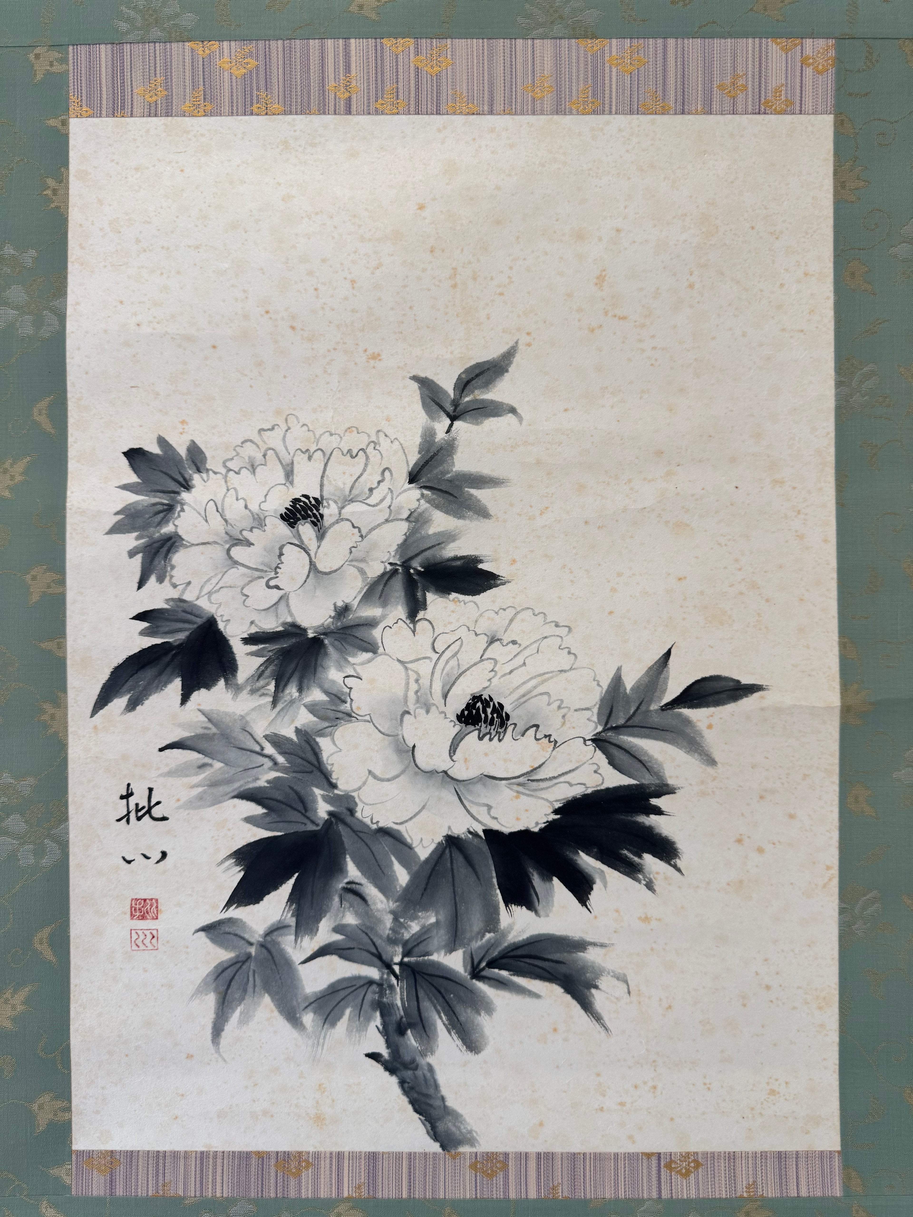 Vintage Japanese Ink Flower Hanging Scroll – Peony Blossom in Monochrome Brushwork