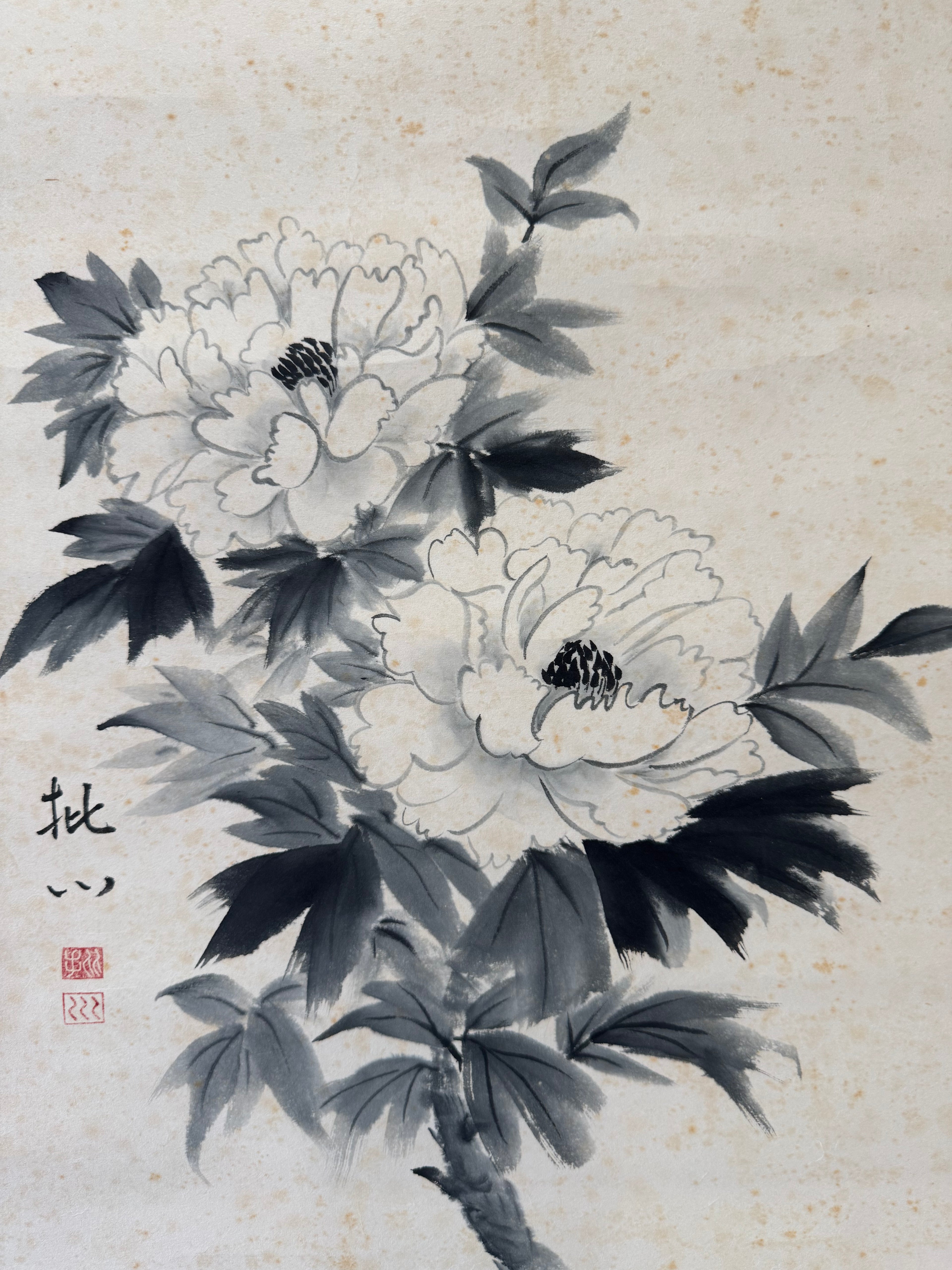Vintage Japanese Ink Flower Hanging Scroll – Peony Blossom in Monochrome Brushwork