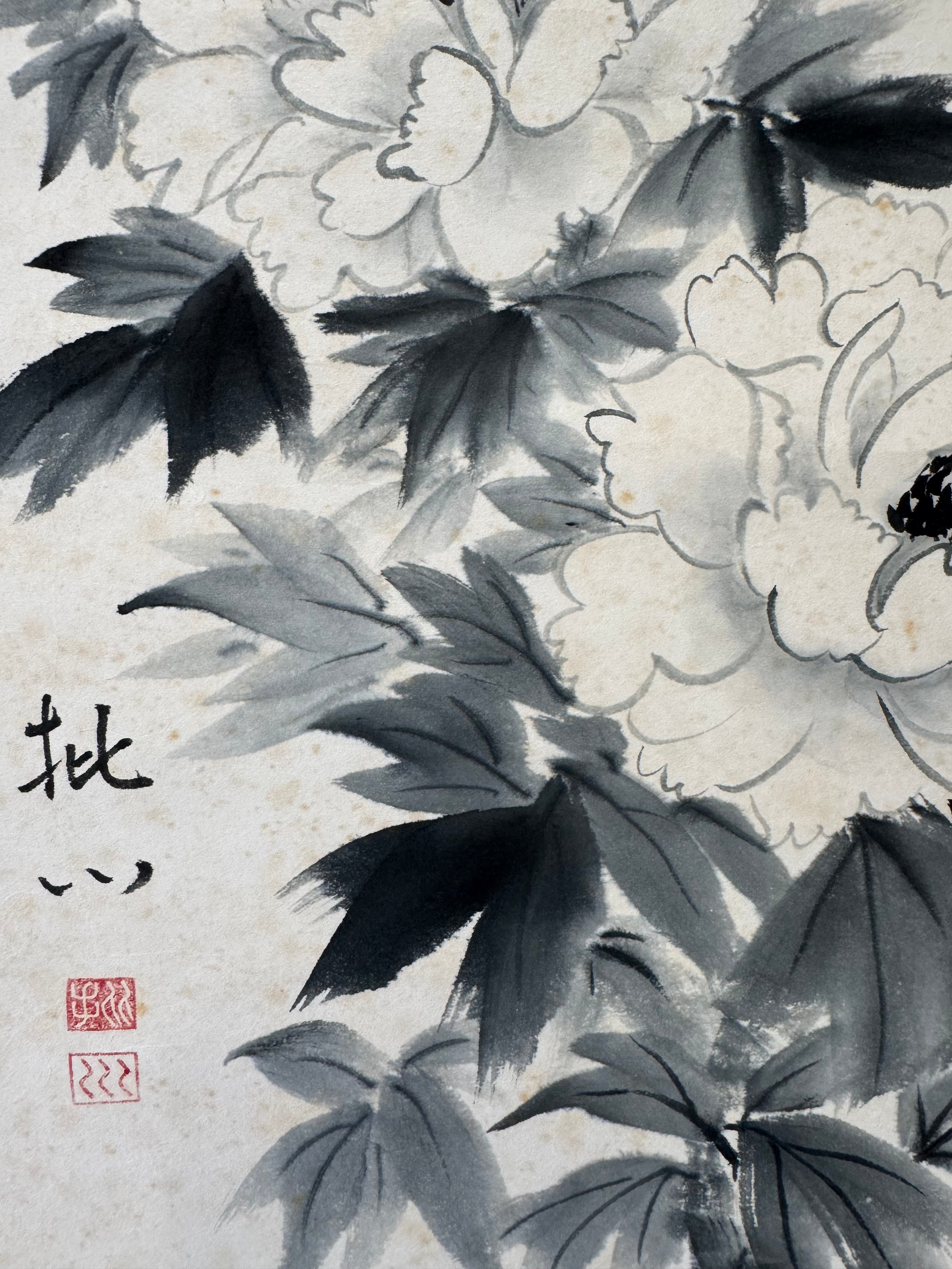 Vintage Japanese Ink Flower Hanging Scroll – Peony Blossom in Monochrome Brushwork