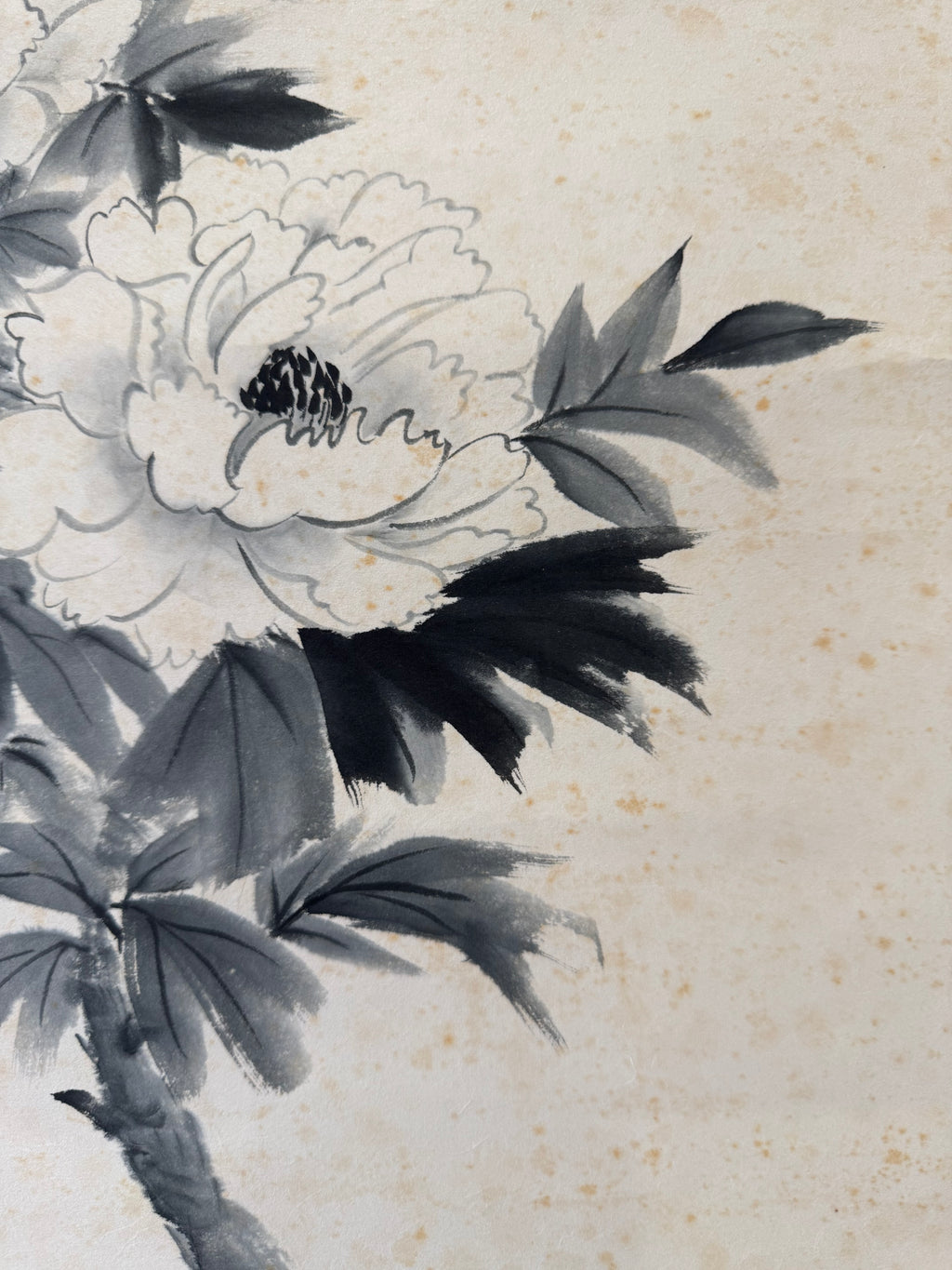 Vintage Japanese Ink Flower Hanging Scroll – Peony Blossom in Monochrome Brushwork