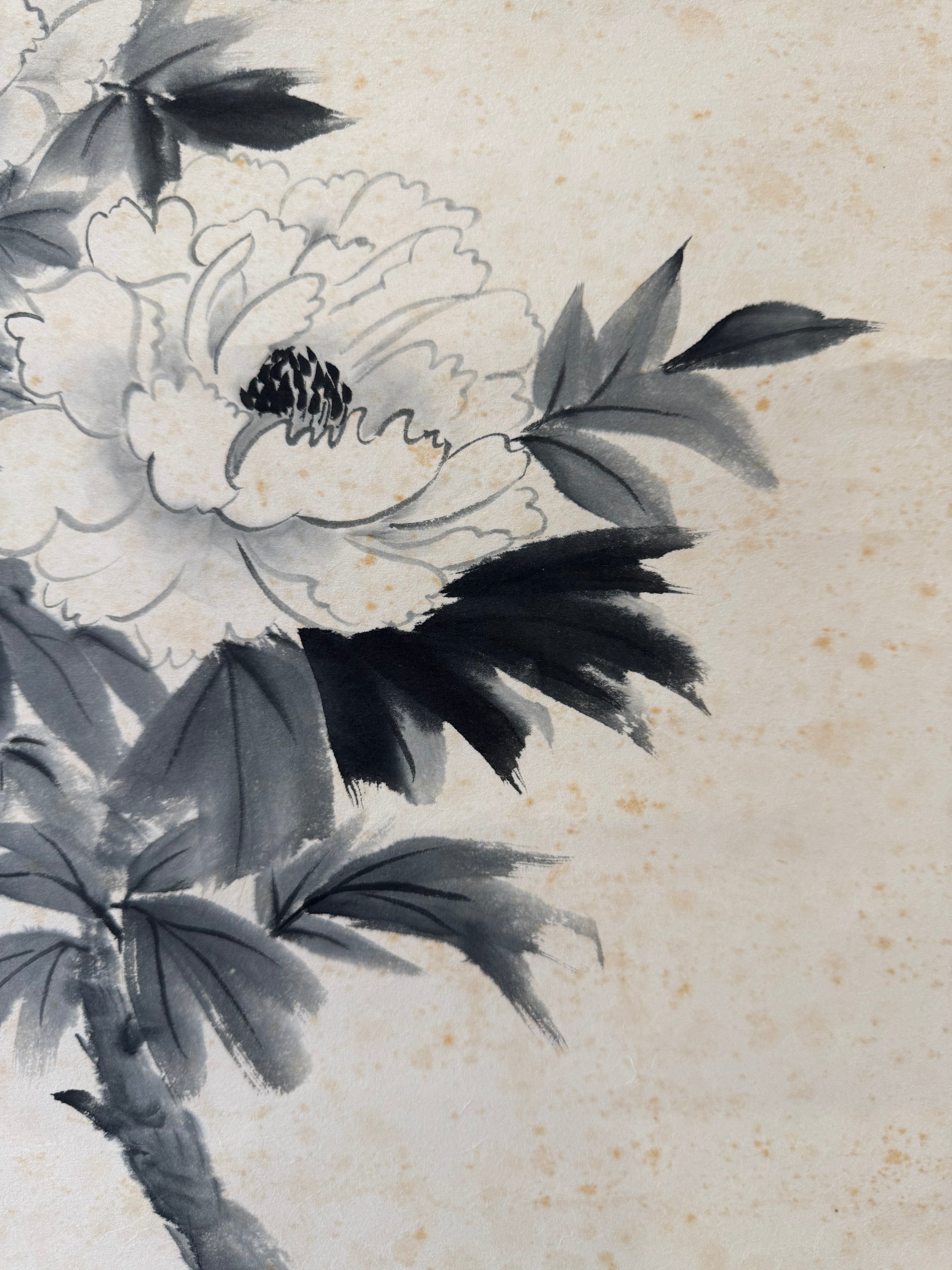Vintage Japanese Ink Flower Hanging Scroll – Peony Blossom in Monochrome Brushwork