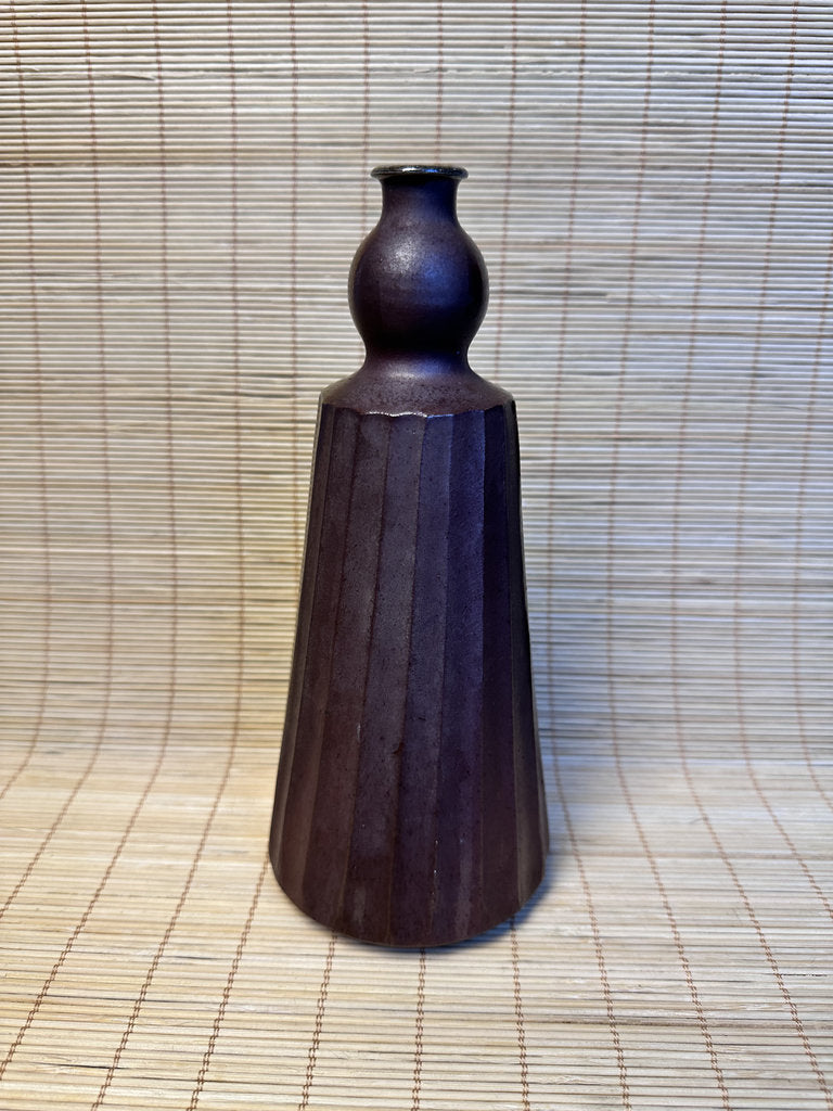 Vintage Japanese Studio Ikebana Vase, Faceted Mentori Body, Aubergine to Black Glaze, Sculptural Gourd Silhouette