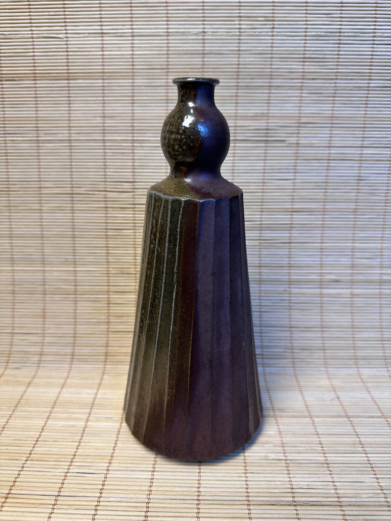 Vintage Japanese Studio Ikebana Vase, Faceted Mentori Body, Aubergine to Black Glaze, Sculptural Gourd Silhouette