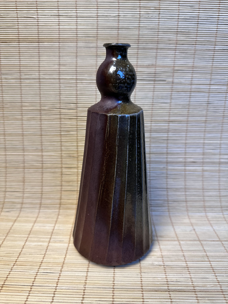 Vintage Japanese Studio Ikebana Vase, Faceted Mentori Body, Aubergine to Black Glaze, Sculptural Gourd Silhouette