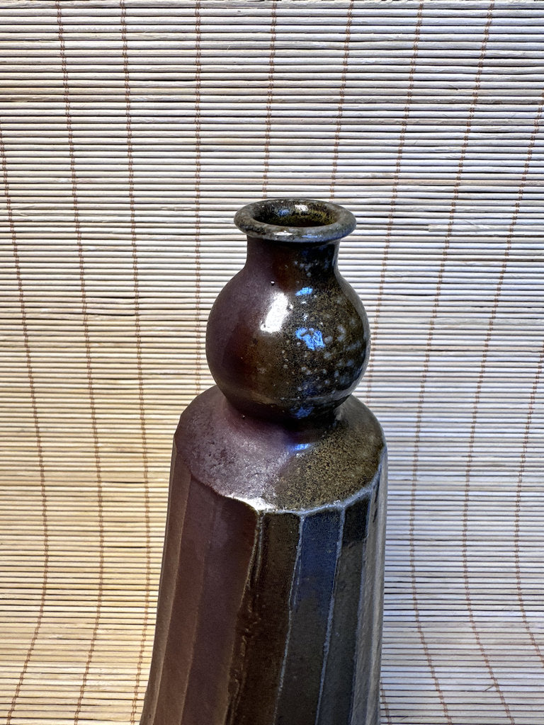 Vintage Japanese Studio Ikebana Vase, Faceted Mentori Body, Aubergine to Black Glaze, Sculptural Gourd Silhouette