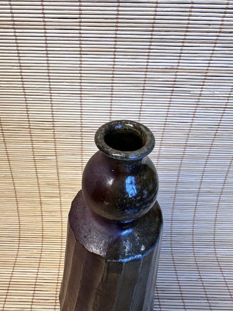 Vintage Japanese Studio Ikebana Vase, Faceted Mentori Body, Aubergine to Black Glaze, Sculptural Gourd Silhouette