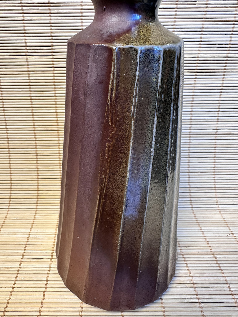 Vintage Japanese Studio Ikebana Vase, Faceted Mentori Body, Aubergine to Black Glaze, Sculptural Gourd Silhouette