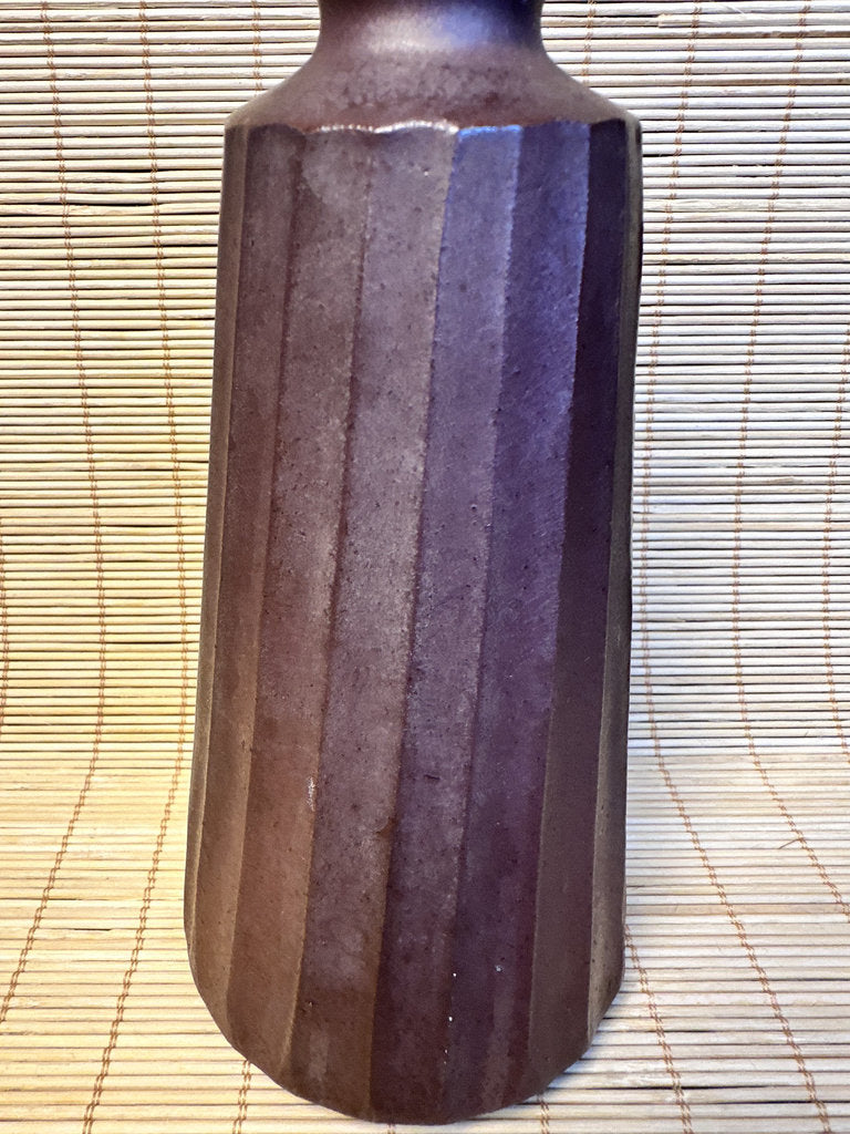 Vintage Japanese Studio Ikebana Vase, Faceted Mentori Body, Aubergine to Black Glaze, Sculptural Gourd Silhouette