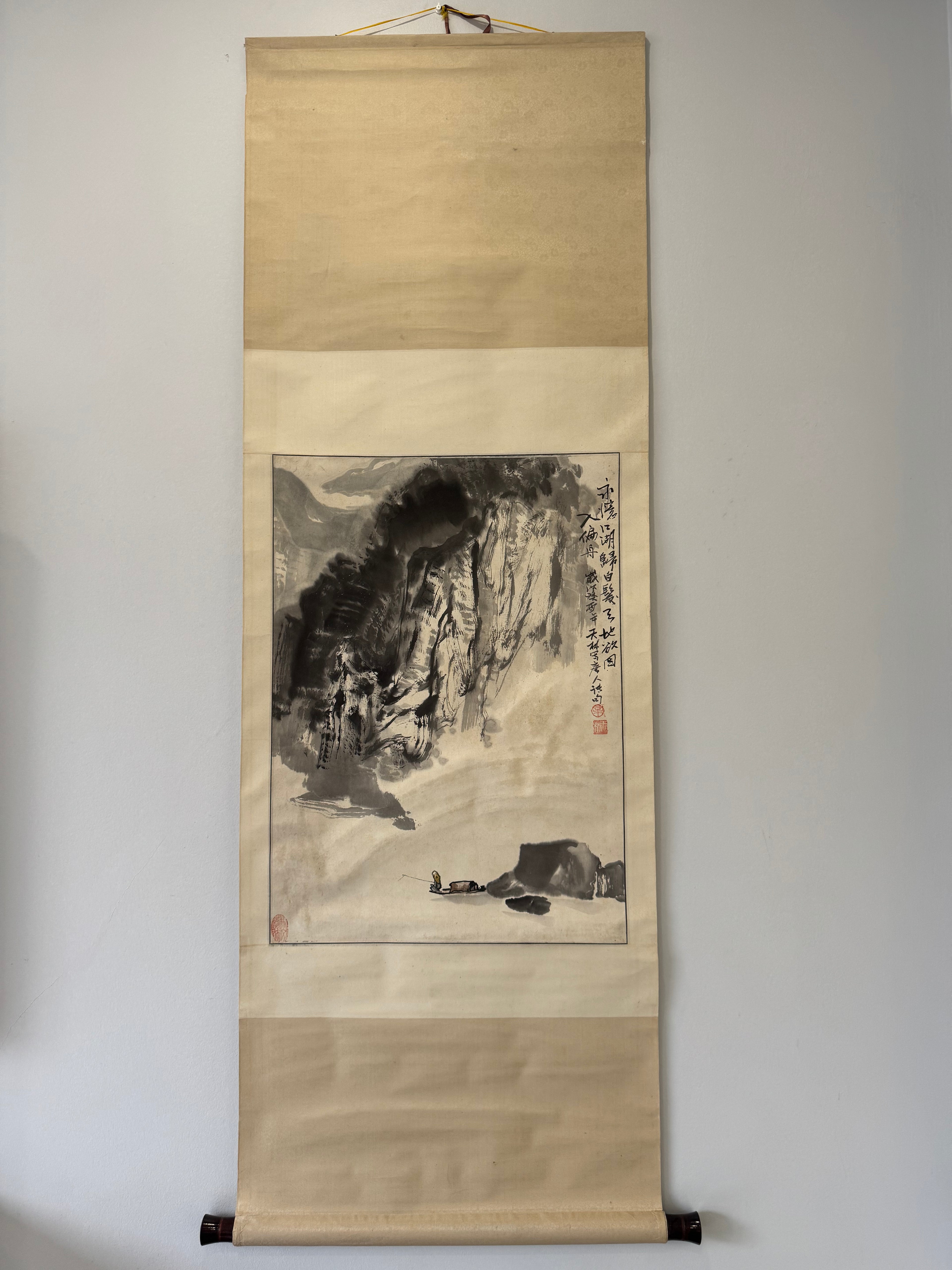 Vintage Japanese Ink Landscape Hanging Scroll – Mountain Scene with Poetic Inscription