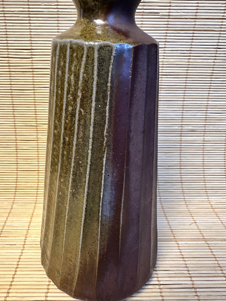 Vintage Japanese Studio Ikebana Vase, Faceted Mentori Body, Aubergine to Black Glaze, Sculptural Gourd Silhouette