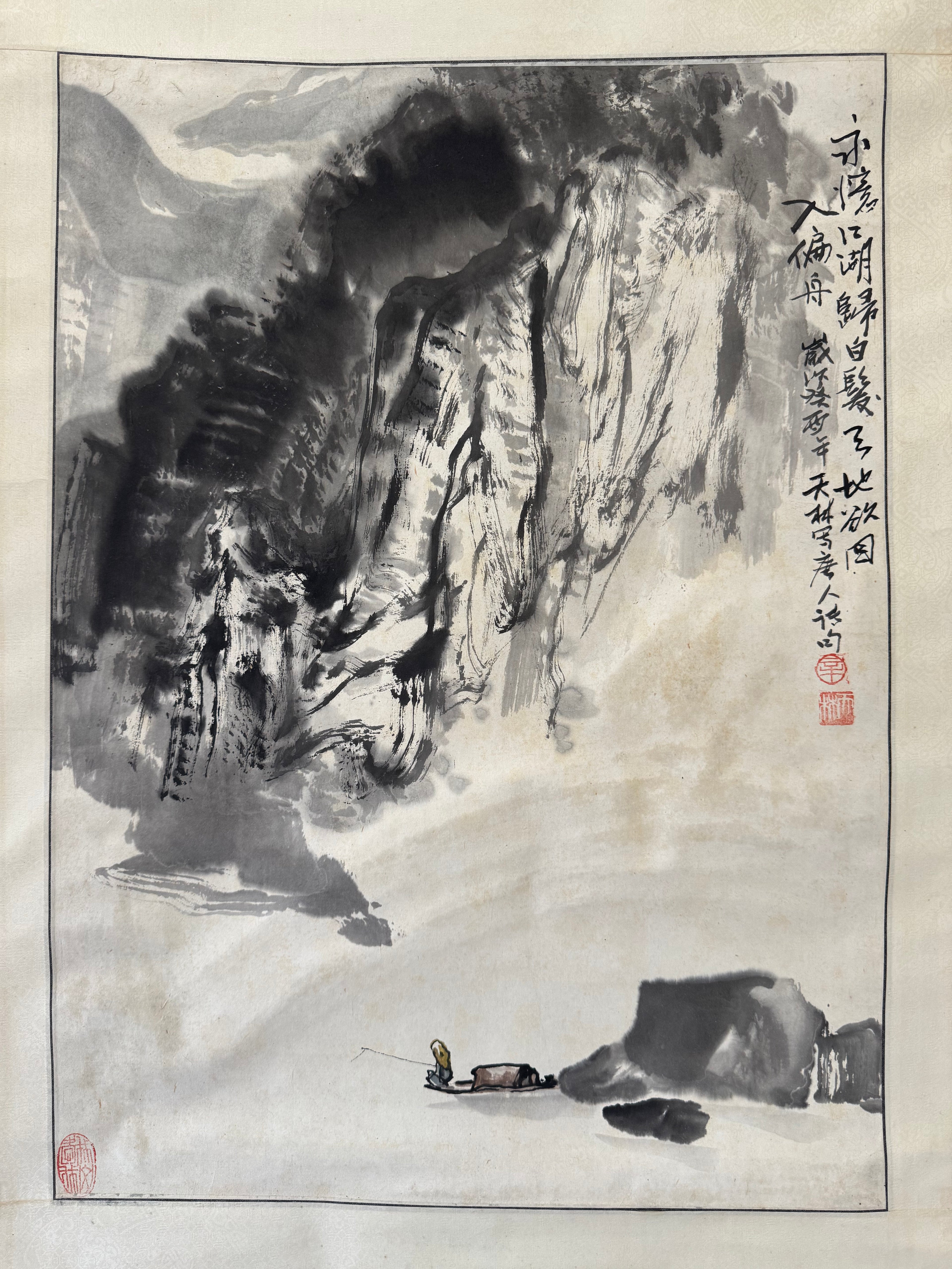 Vintage Japanese Ink Landscape Hanging Scroll – Mountain Scene with Poetic Inscription