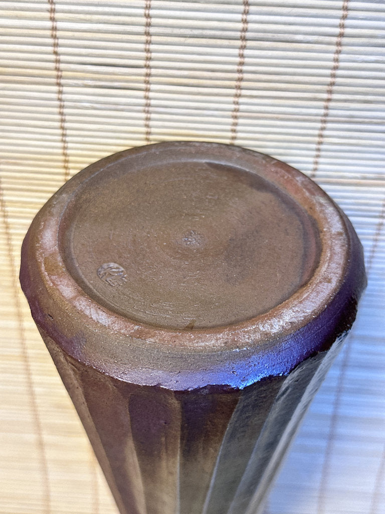 Vintage Japanese Studio Ikebana Vase, Faceted Mentori Body, Aubergine to Black Glaze, Sculptural Gourd Silhouette