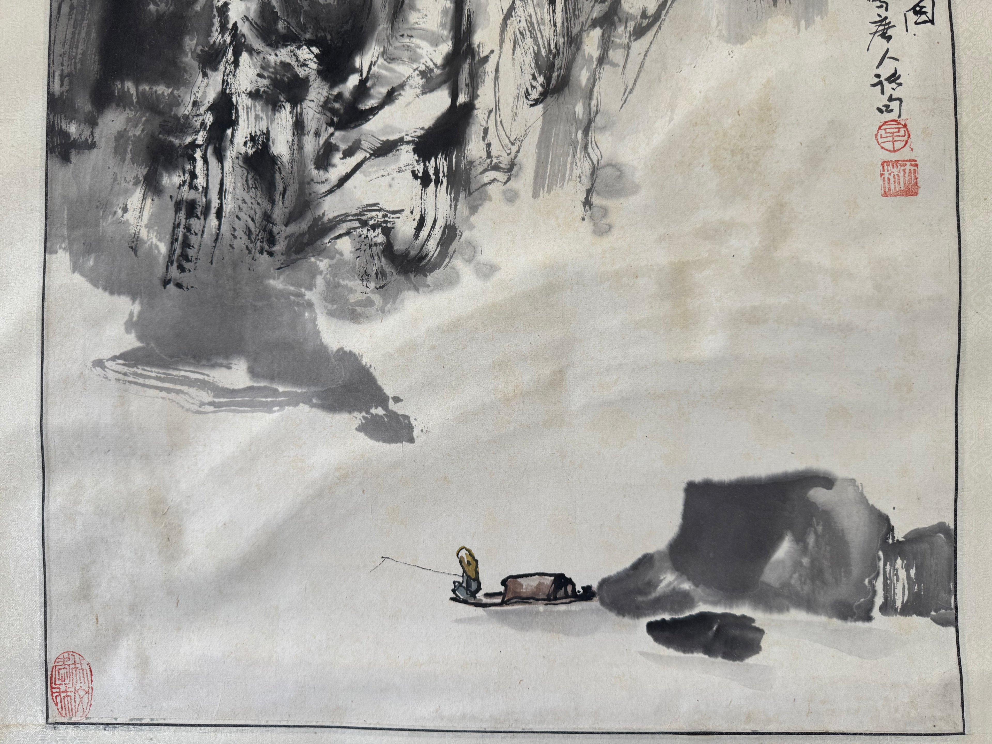 Vintage Japanese Ink Landscape Hanging Scroll – Mountain Scene with Poetic Inscription
