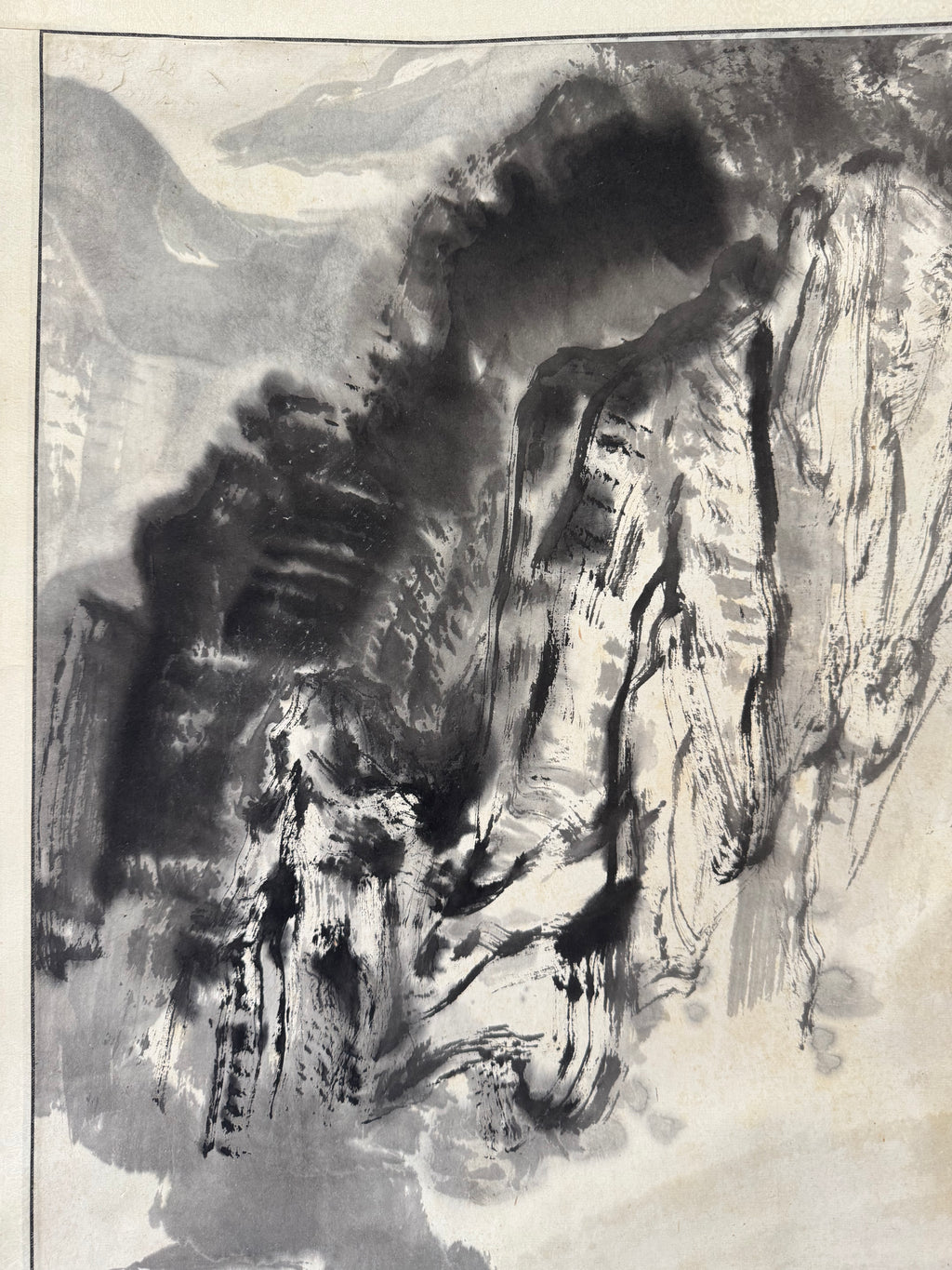 Vintage Japanese Ink Landscape Hanging Scroll – Mountain Scene with Poetic Inscription