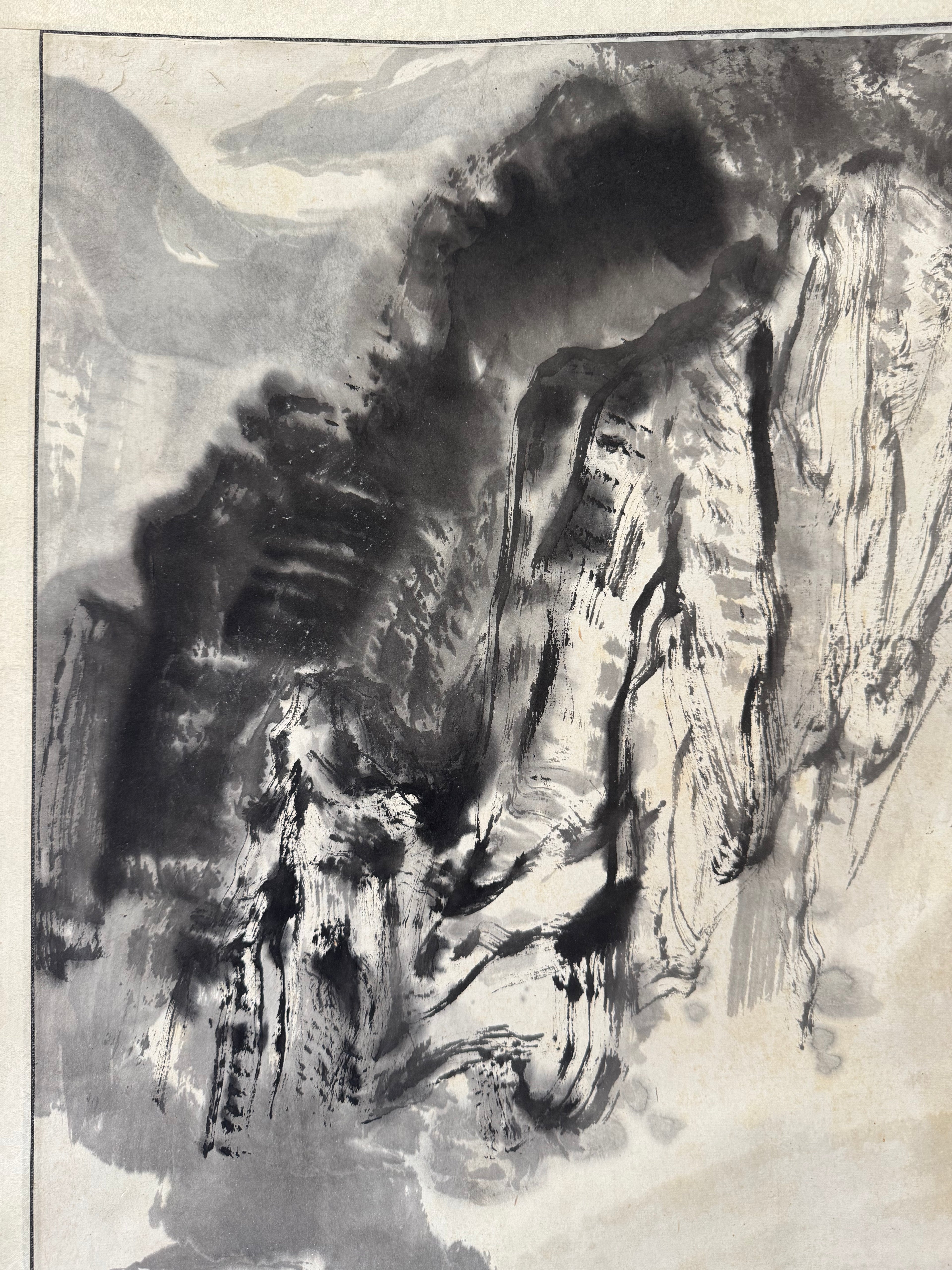 Vintage Japanese Ink Landscape Hanging Scroll – Mountain Scene with Poetic Inscription