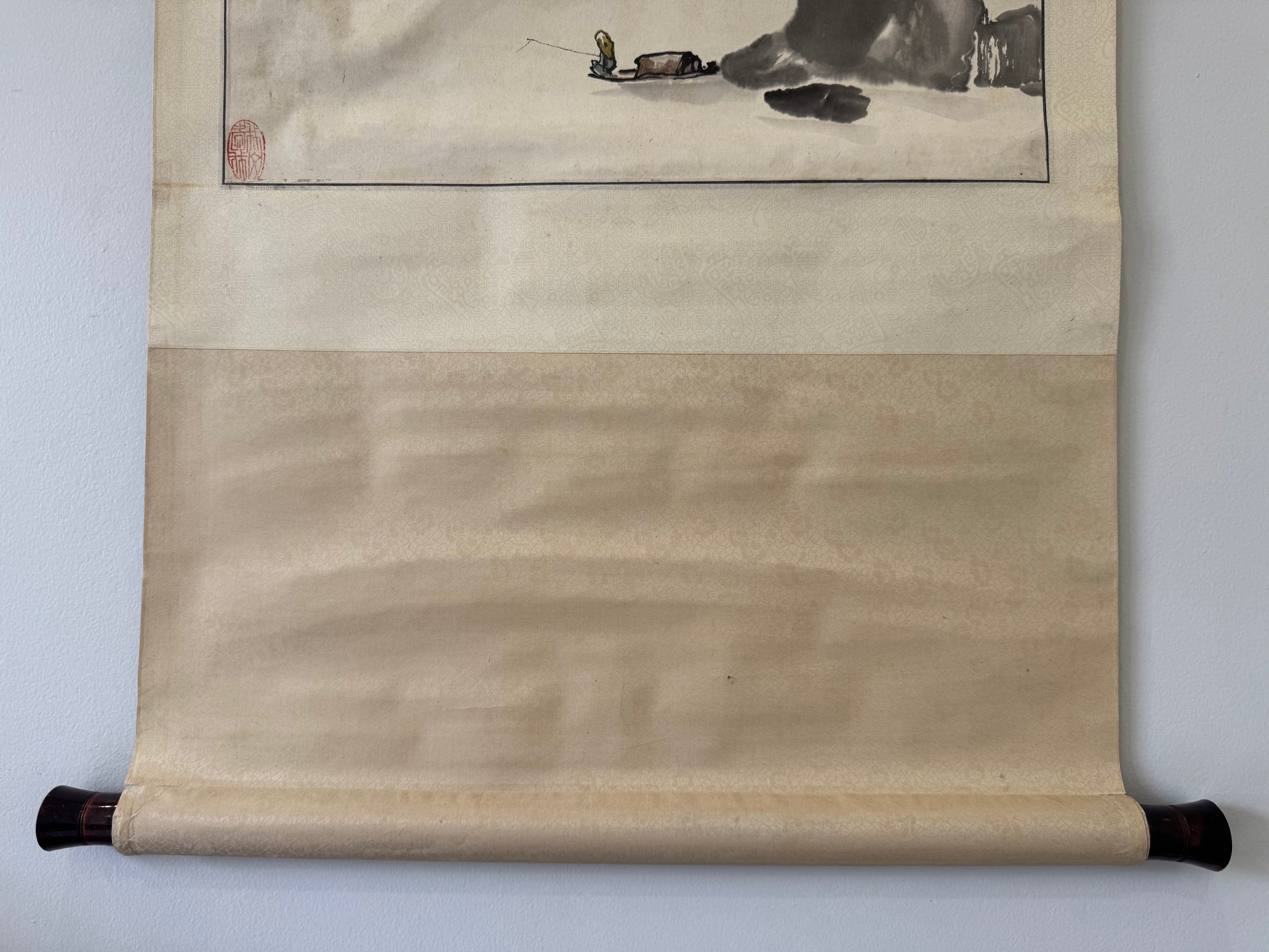 Vintage Japanese Ink Landscape Hanging Scroll – Mountain Scene with Poetic Inscription