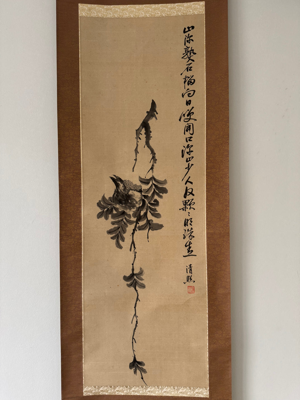 Vintage Japanese Hanging Scroll – Bird on Branch with Calligraphy