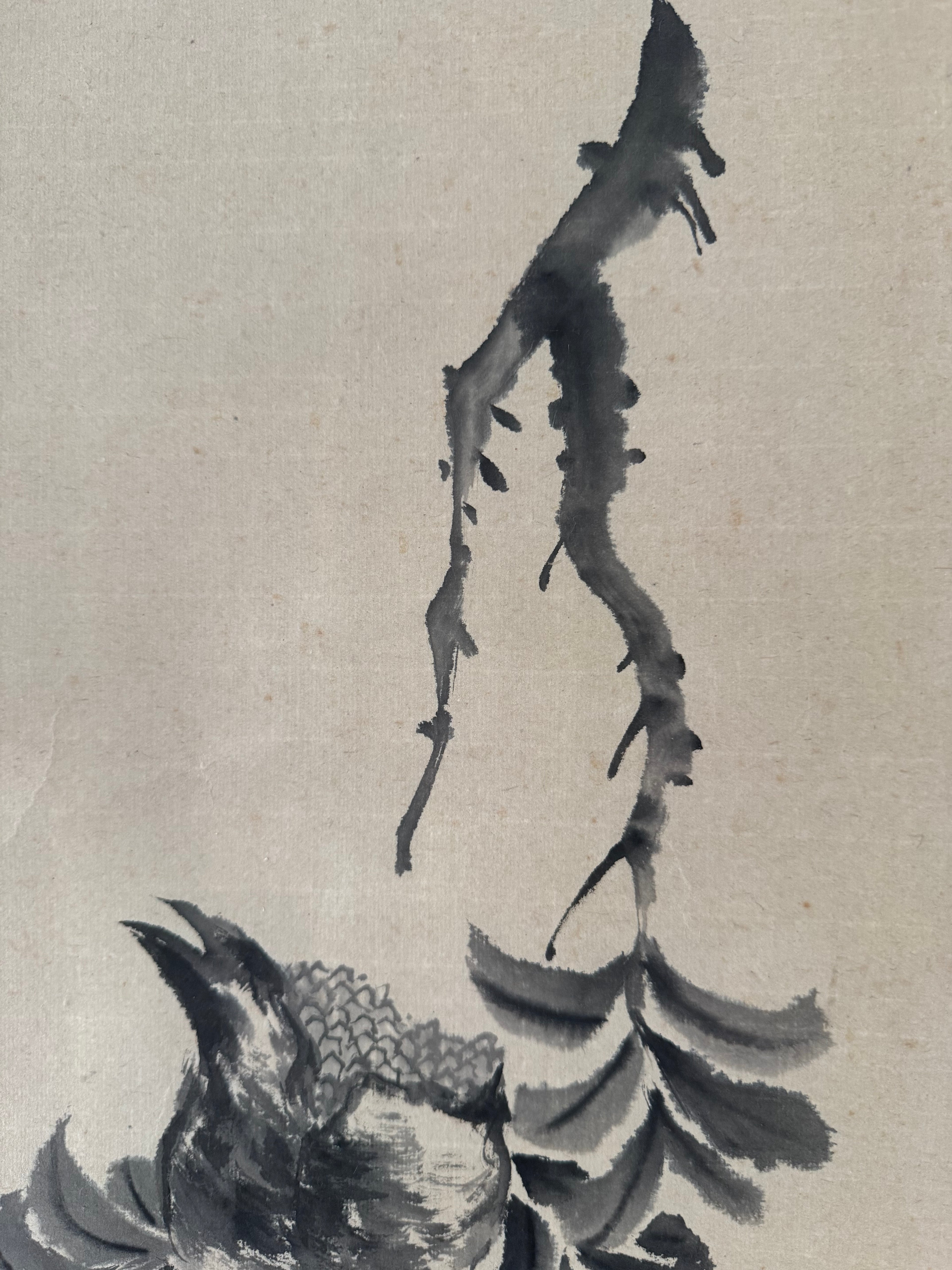 Vintage Japanese Hanging Scroll – Bird on Branch with Calligraphy