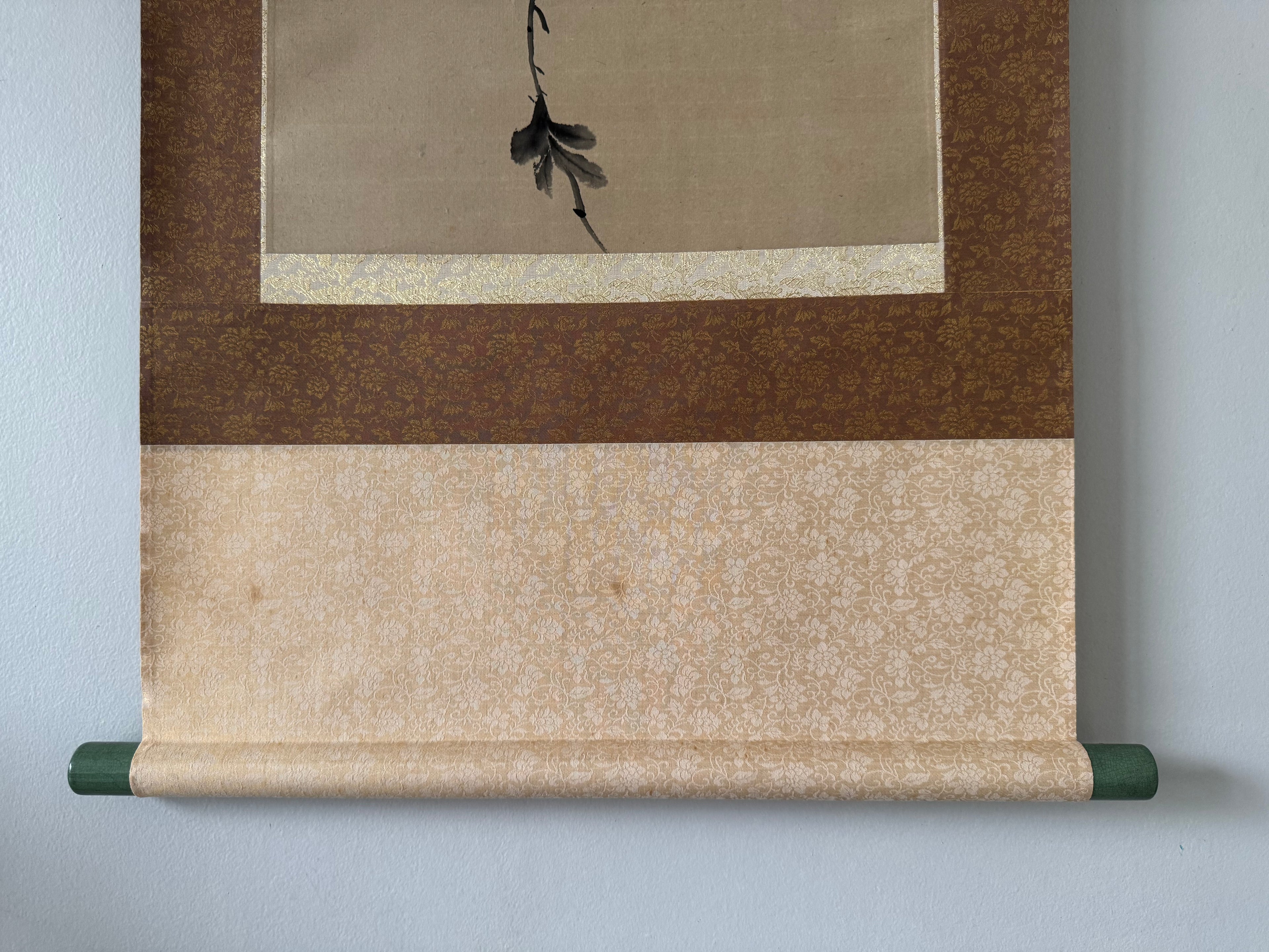 Vintage Japanese Hanging Scroll – Bird on Branch with Calligraphy