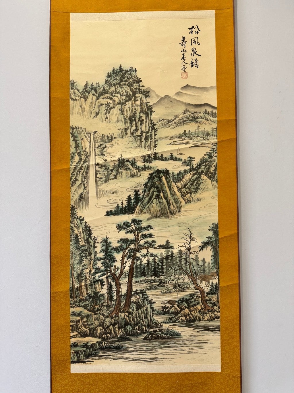 Vintage Japanese Hanging Scroll – Mountain Landscape with River and Pine Trees