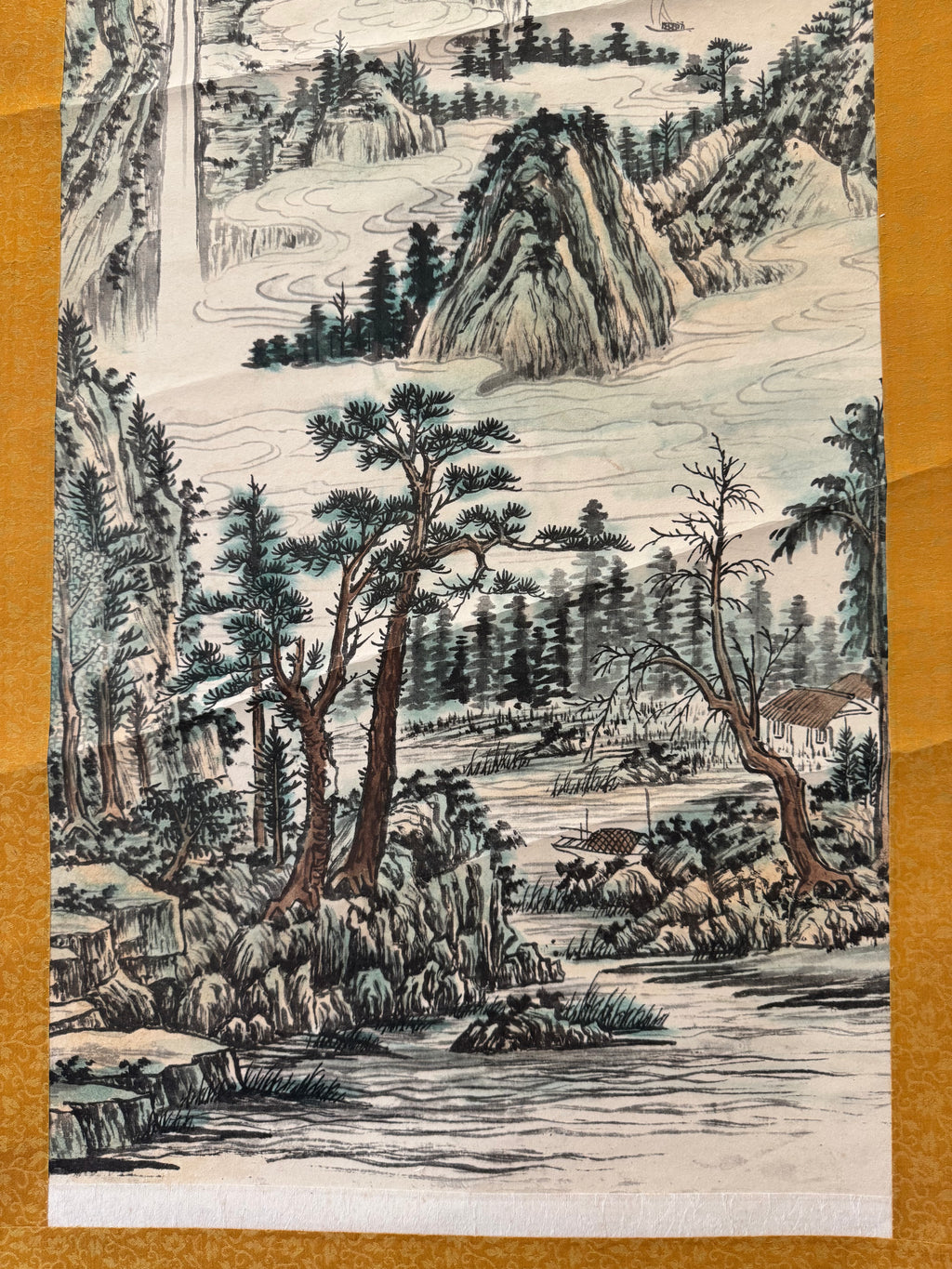 Vintage Japanese Hanging Scroll – Mountain Landscape with River and Pine Trees