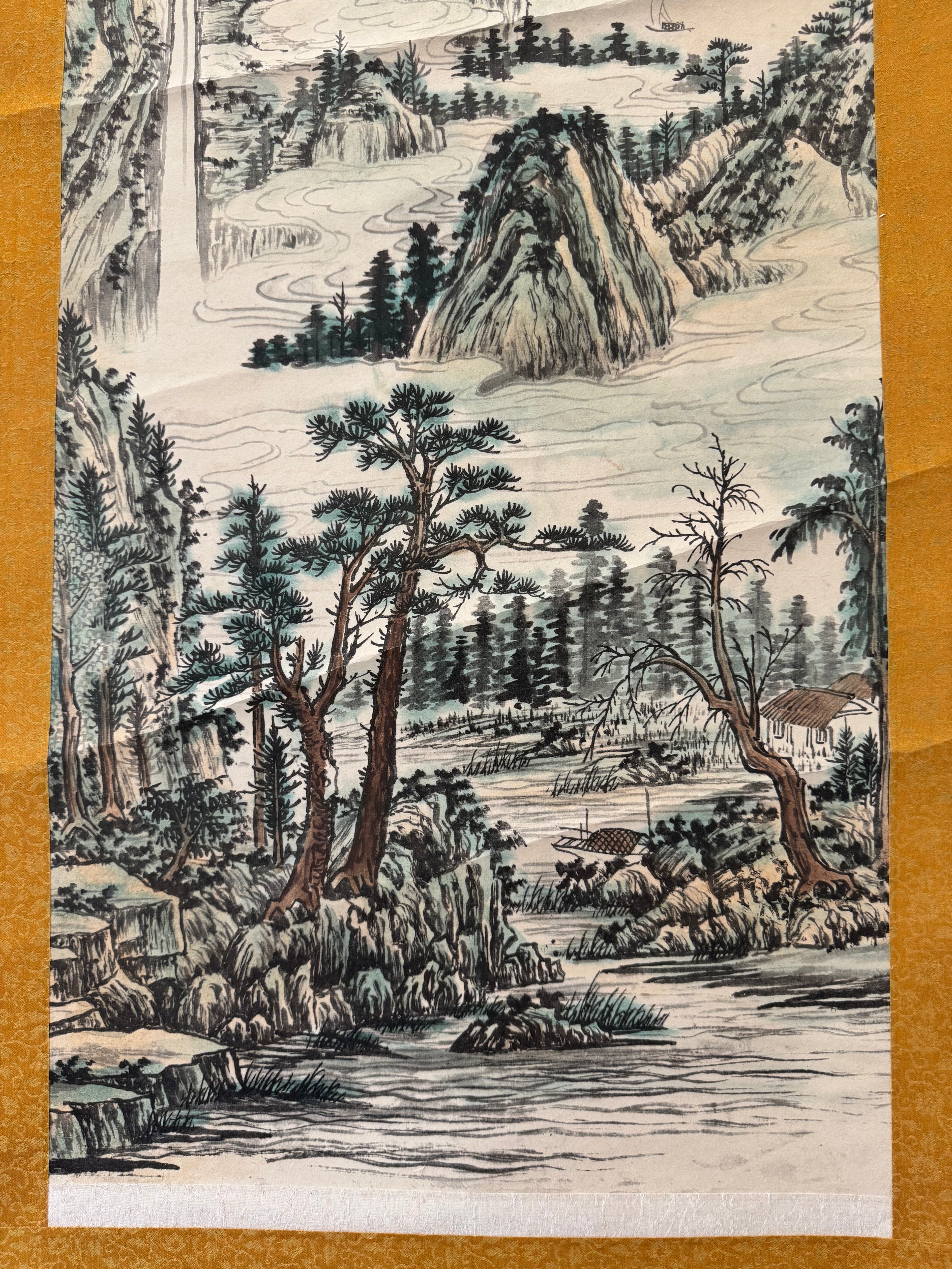 Vintage Japanese Hanging Scroll – Mountain Landscape with River and Pine Trees