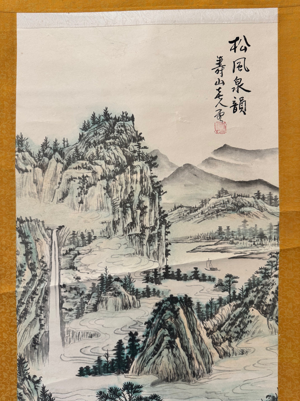 Vintage Japanese Hanging Scroll – Mountain Landscape with River and Pine Trees