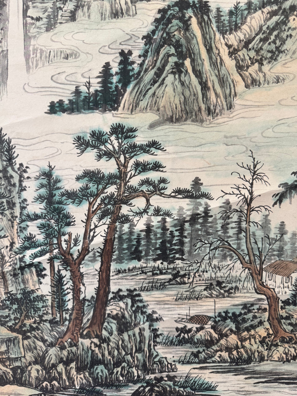 Vintage Japanese Hanging Scroll – Mountain Landscape with River and Pine Trees
