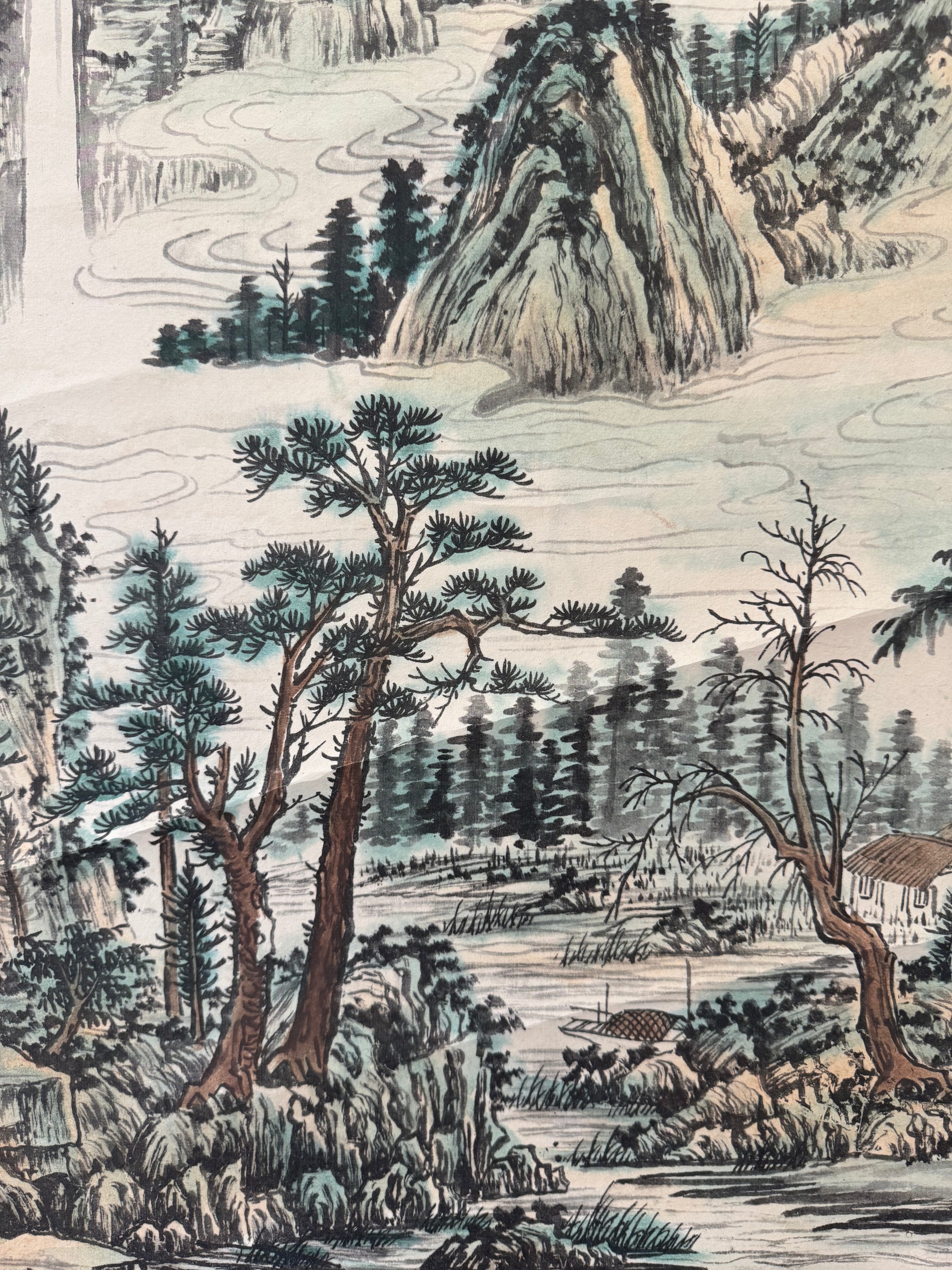 Vintage Japanese Hanging Scroll – Mountain Landscape with River and Pine Trees