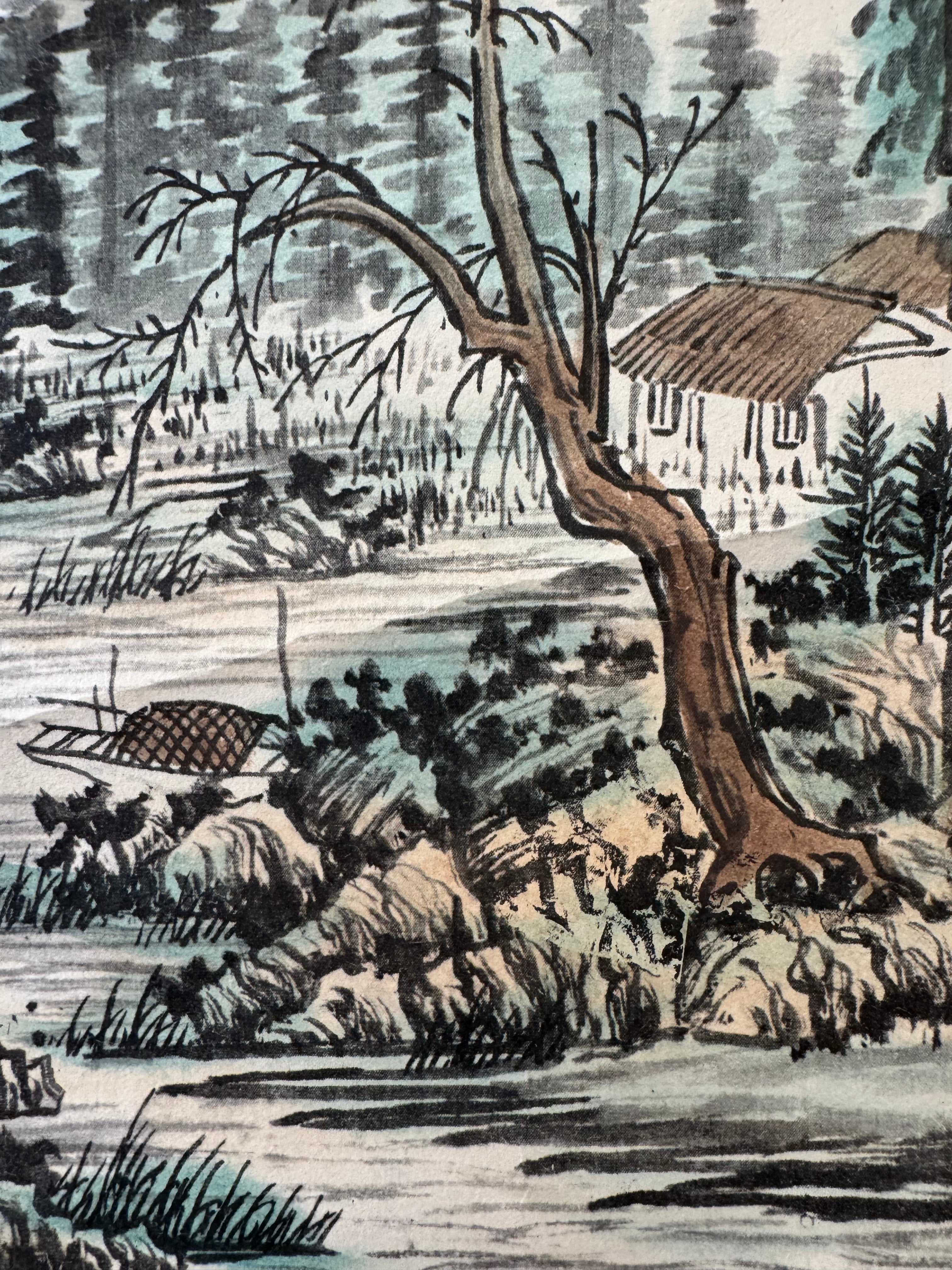 Vintage Japanese Hanging Scroll – Mountain Landscape with River and Pine Trees